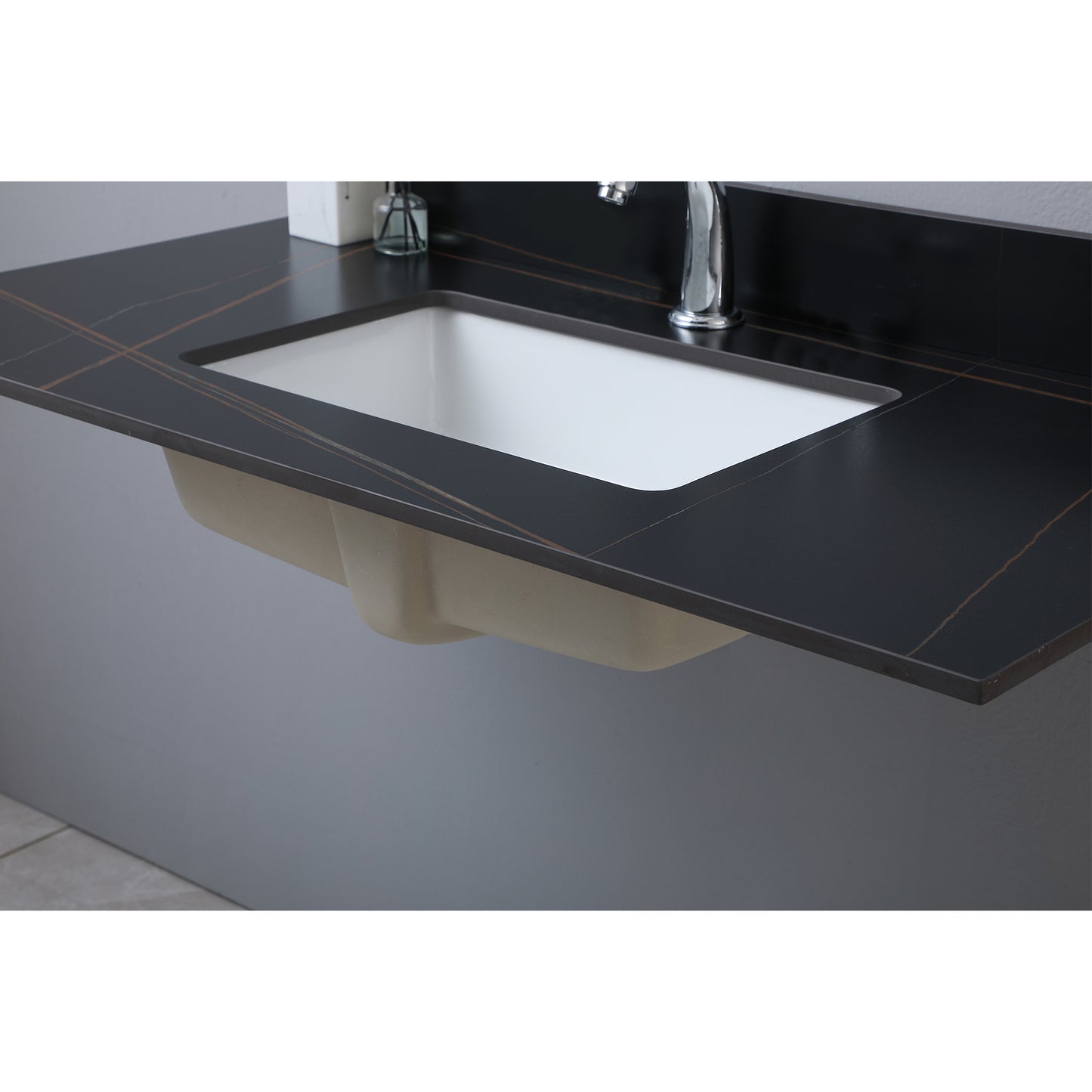 Montary 43inch bathroom stone vanity top black gold color with undermount ceramic sink and  single  faucet hole with backsplash