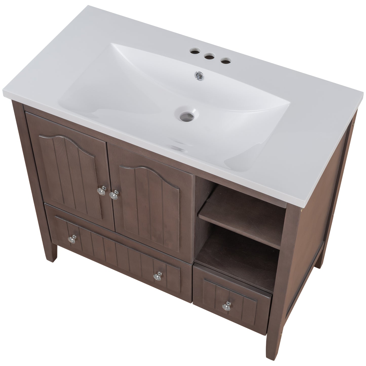 36" Bathroom Vanity with Ceramic Basin, Bathroom Storage Cabinet with Two Doors and Drawers, Solid Frame, Metal Handles, Brown