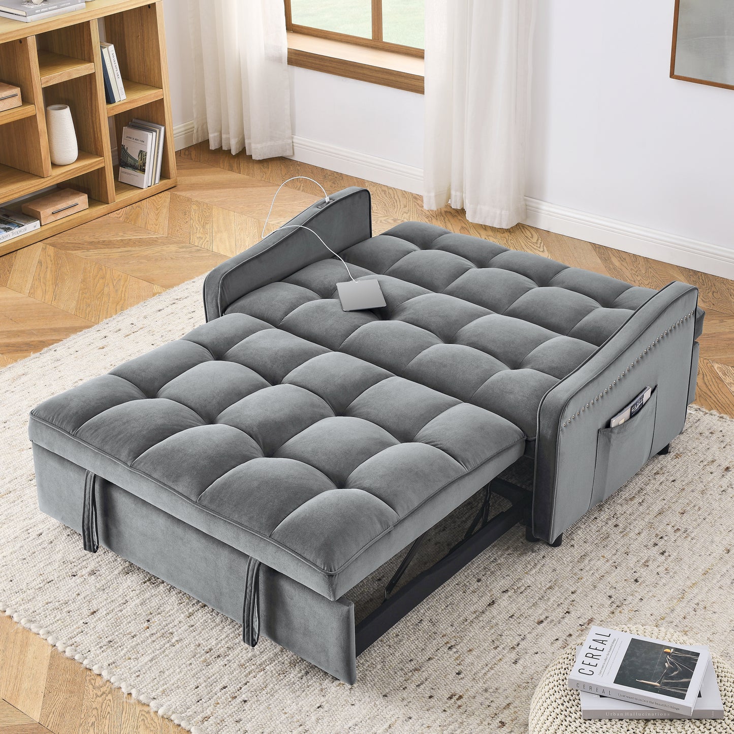 Loveseats Sofa Bed with Pull-out Bed,Adjsutable Back and Two Arm Pocket,TypeC and USB Charging with Copper nail,Grey (47"x53"x31")