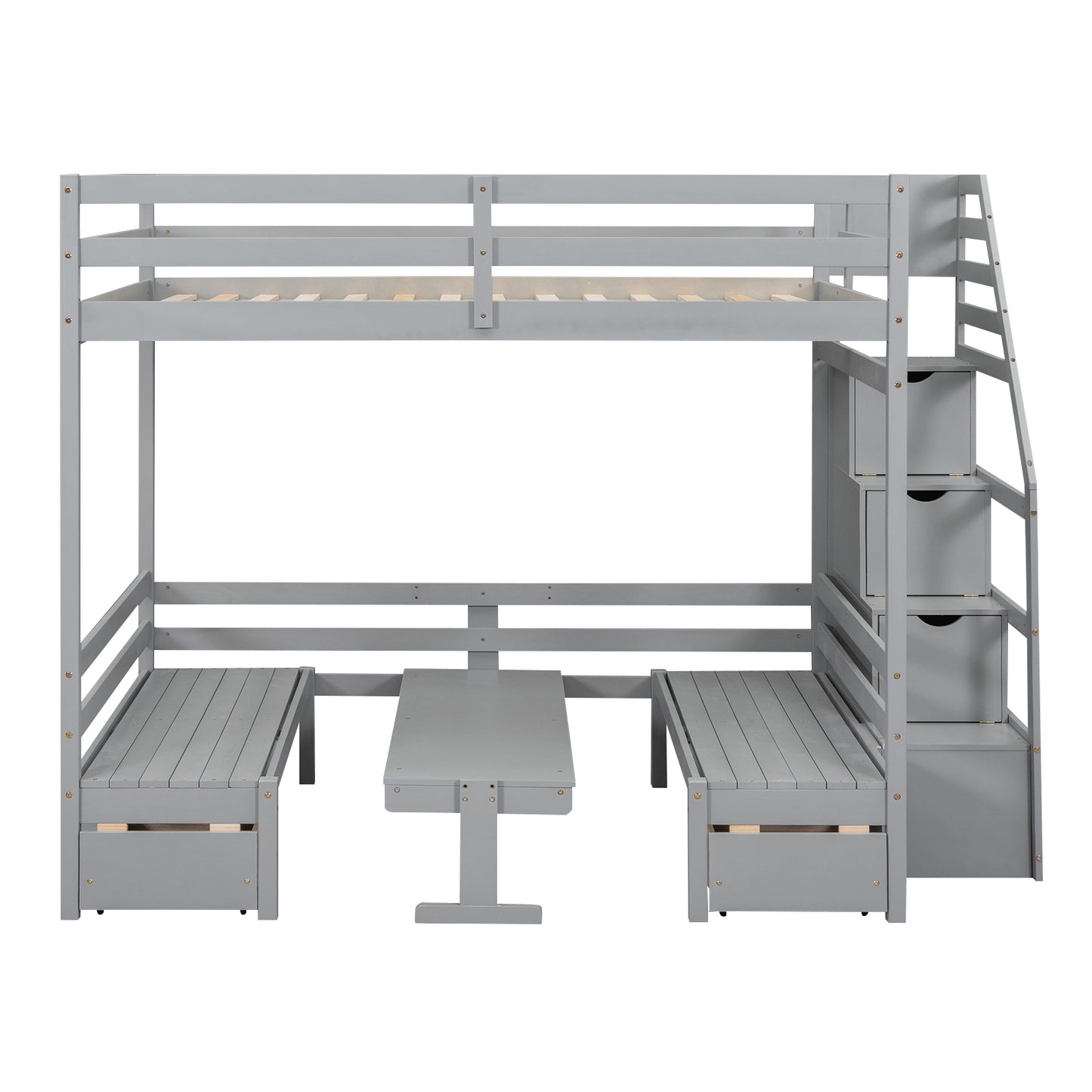 Full over Full Size Bunk with staircase,the Down Bed can be Convertible to Seats and Table Set,Gray