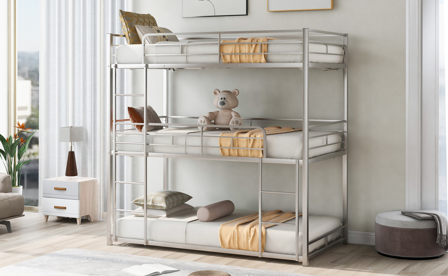 Silver Metal Three-Tiered Twin Bunk Bed