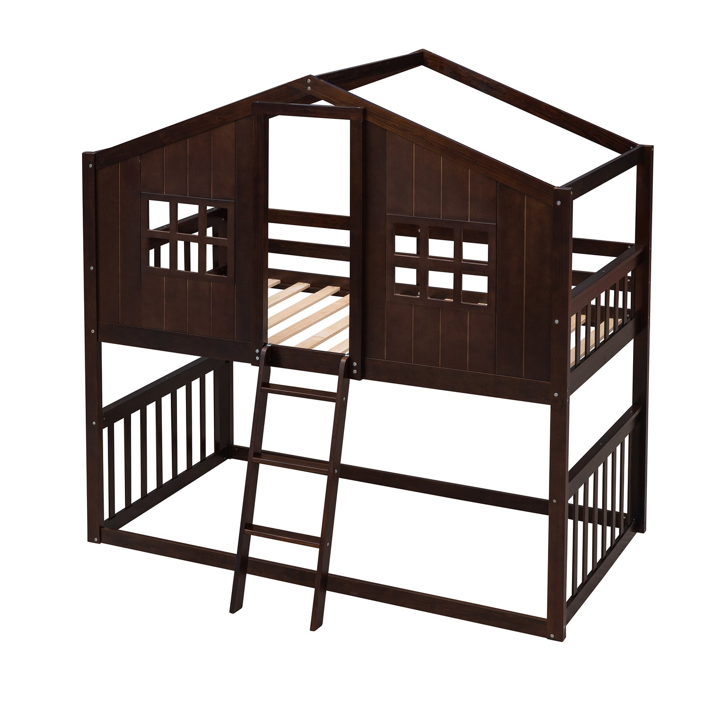 House Loft Bunk Bed with Playful Roof Design and Rustic Charm, Espresso Finish