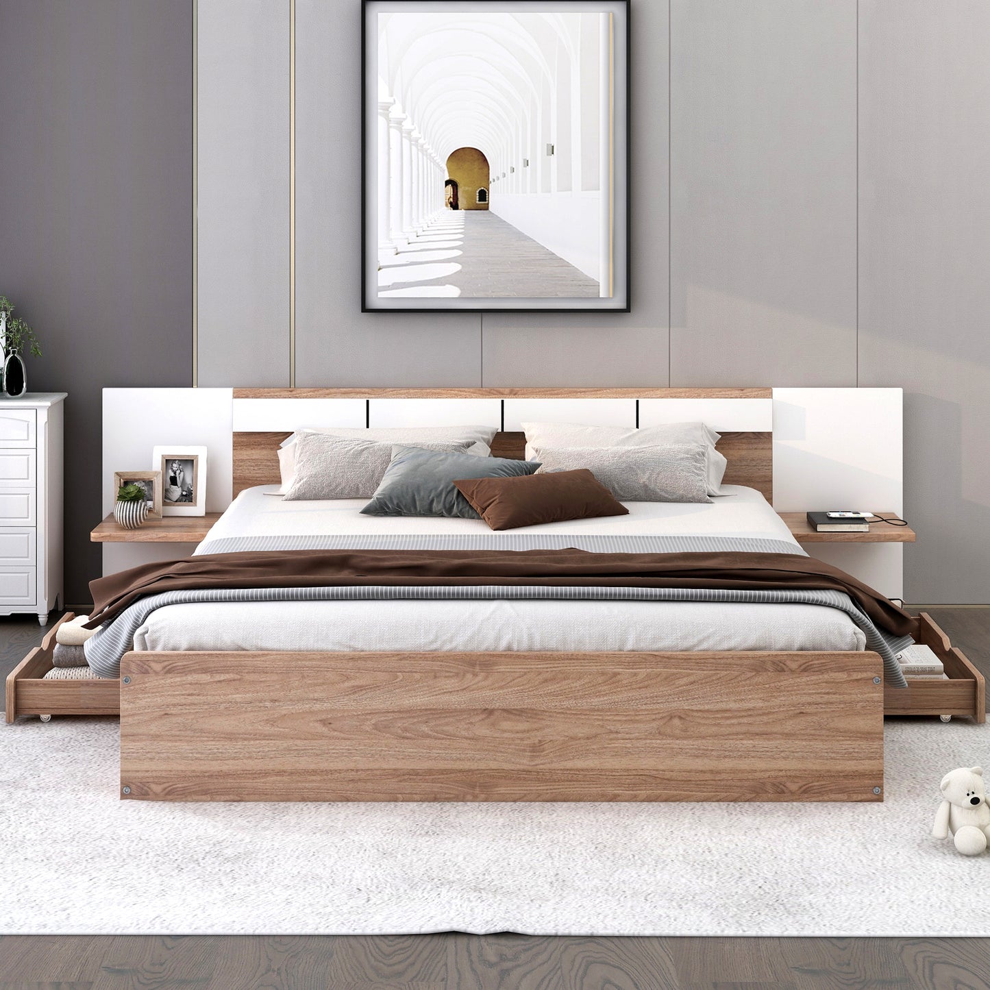 Queen Size Platform Bed with Headboard, Drawers, Shelves, USB Ports and Sockets, Natural