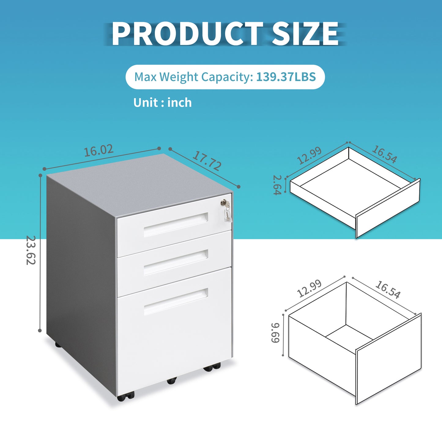 Steel File Cabinet with 3 Drawers, Lock, and Mobile Design for Home/Office