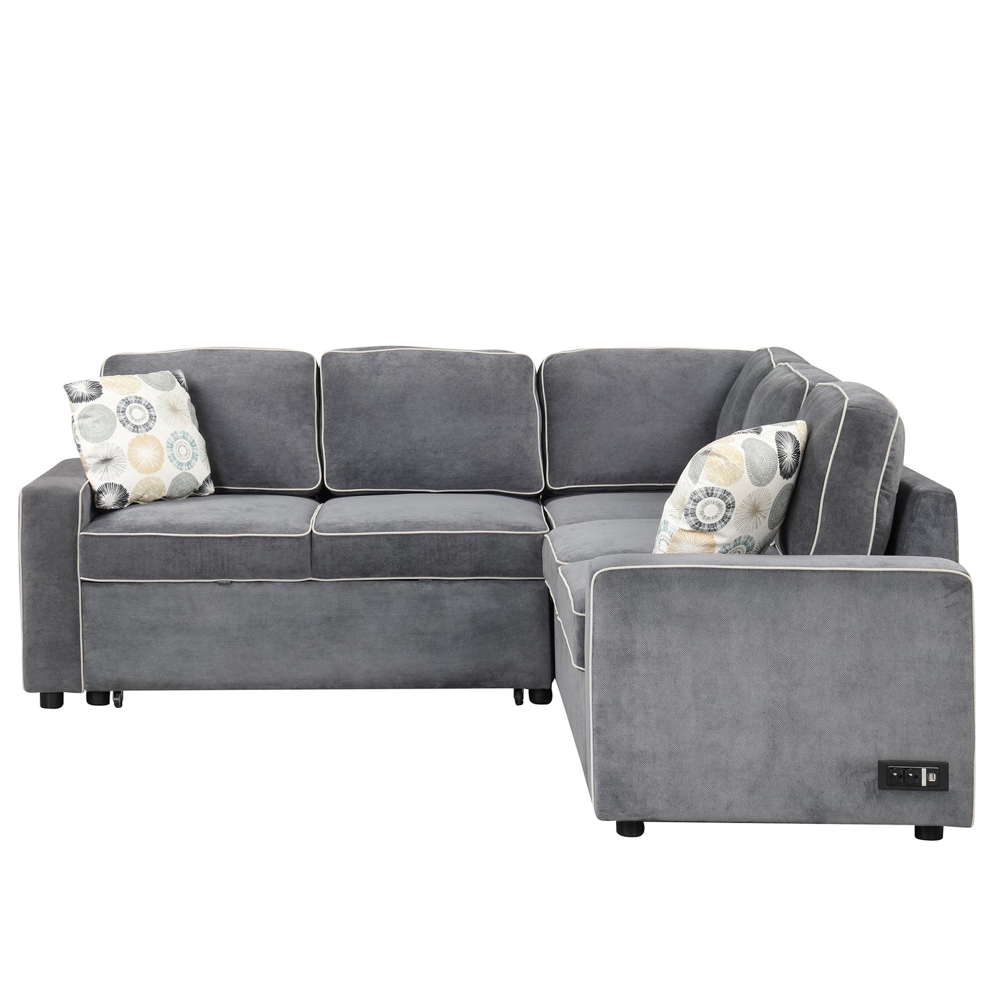 83 L-Shaped Convertible Sleeper Sofa with USB ports, Power Sockets, and Pillows, Gray