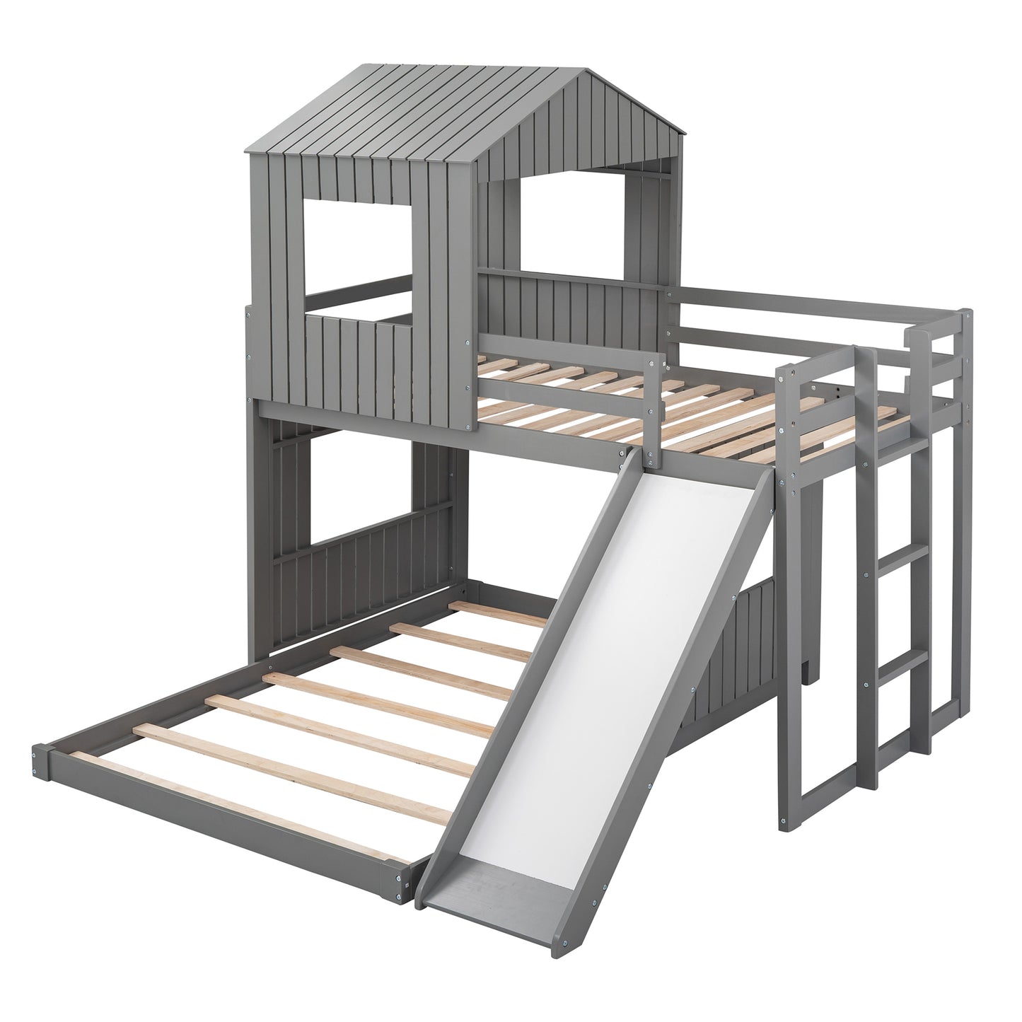 Playhouse Twin Over Full Bunk Bed with Ladder, Slide & Guardrails - Gray Wood, LT000028AAN