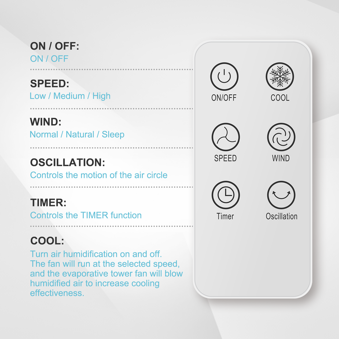 Refreshing Breeze Tower Fan with Mist Function, Adjustable Speeds & Timer, Low Noise, 43 Inches, White