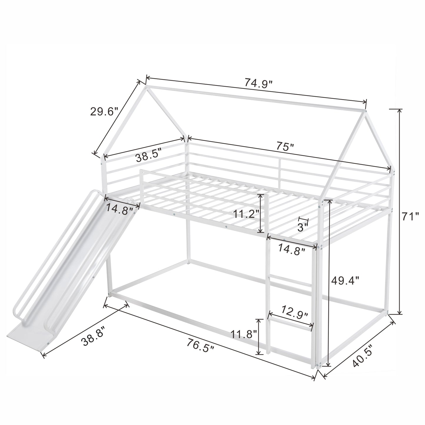 White Twin over Twin House Bunk Bed with Ladder, Slide, and Playhouse