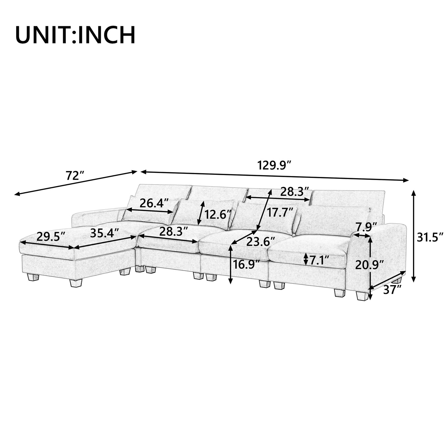 U_Style Modern Large L-Shape Feather Filled Sectional Sofa,  Convertible Sofa Couch with Reversible Chaise for Living Room