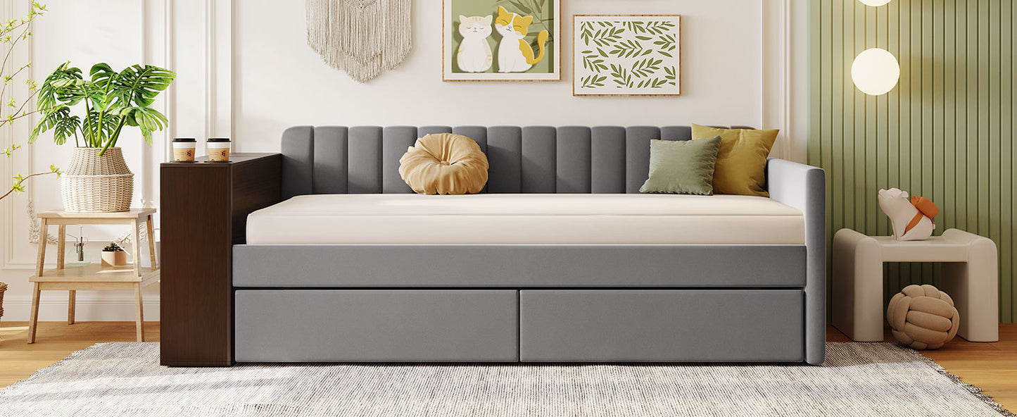 Twin Size Upholstered Daybed with Storage Armrest and 2 Drawers, Multi-functional Daybed with Cup Holder and a set of USB Ports and Sockets, Gray