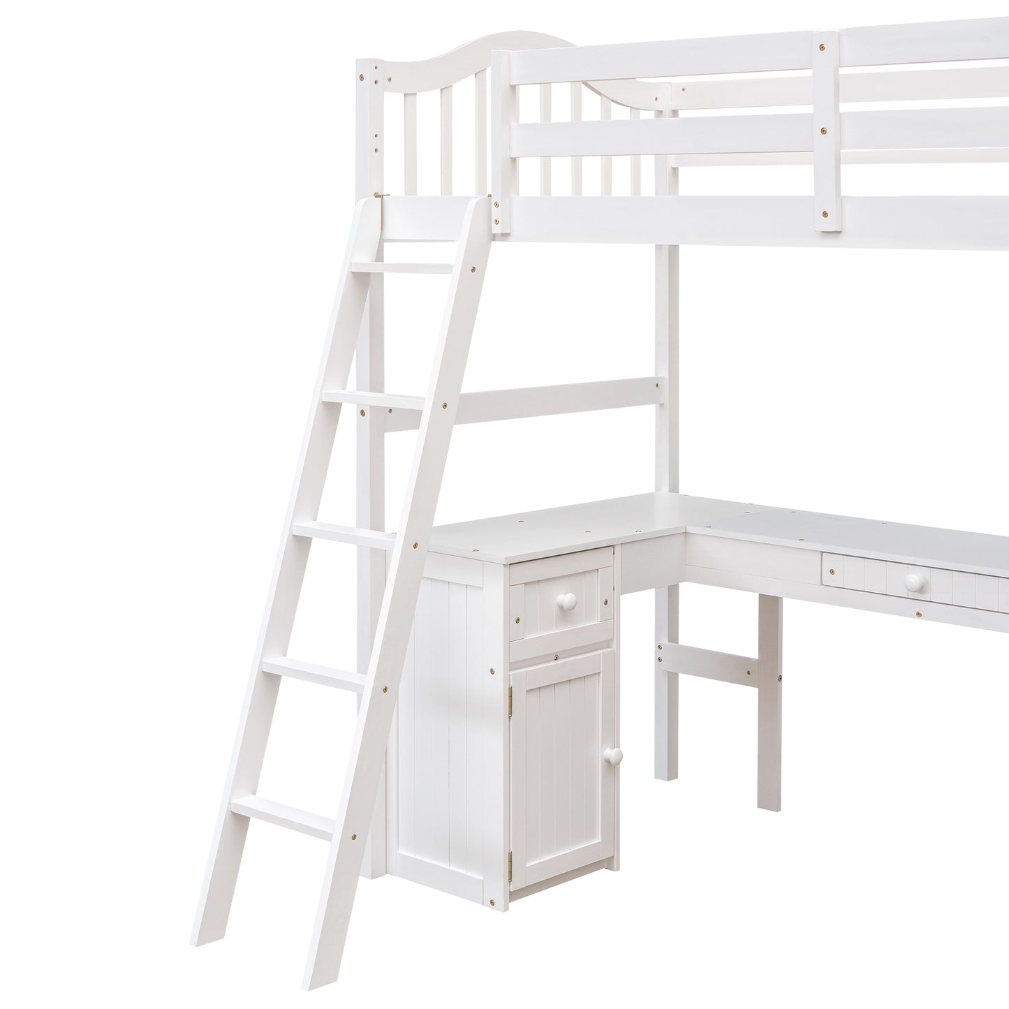 Twin size Loft Bed with Drawers, Cabinet, Shelves and Desk, Wooden Loft Bed with Desk - White( :LT000505AAK)