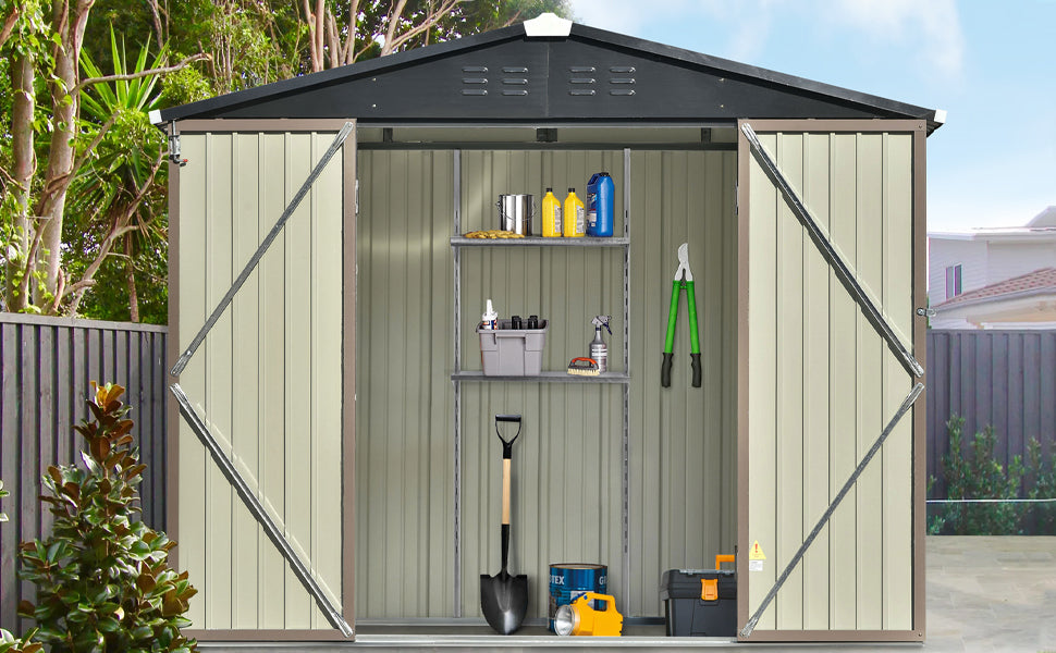 Patio 8ft x6ft Bike Shed Garden Shed, Metal Storage Shed with Adjustable Shelf and Lockable Doors, Tool Cabinet with Vents and Foundation Frame for Backyard, Lawn, Garden, Brown