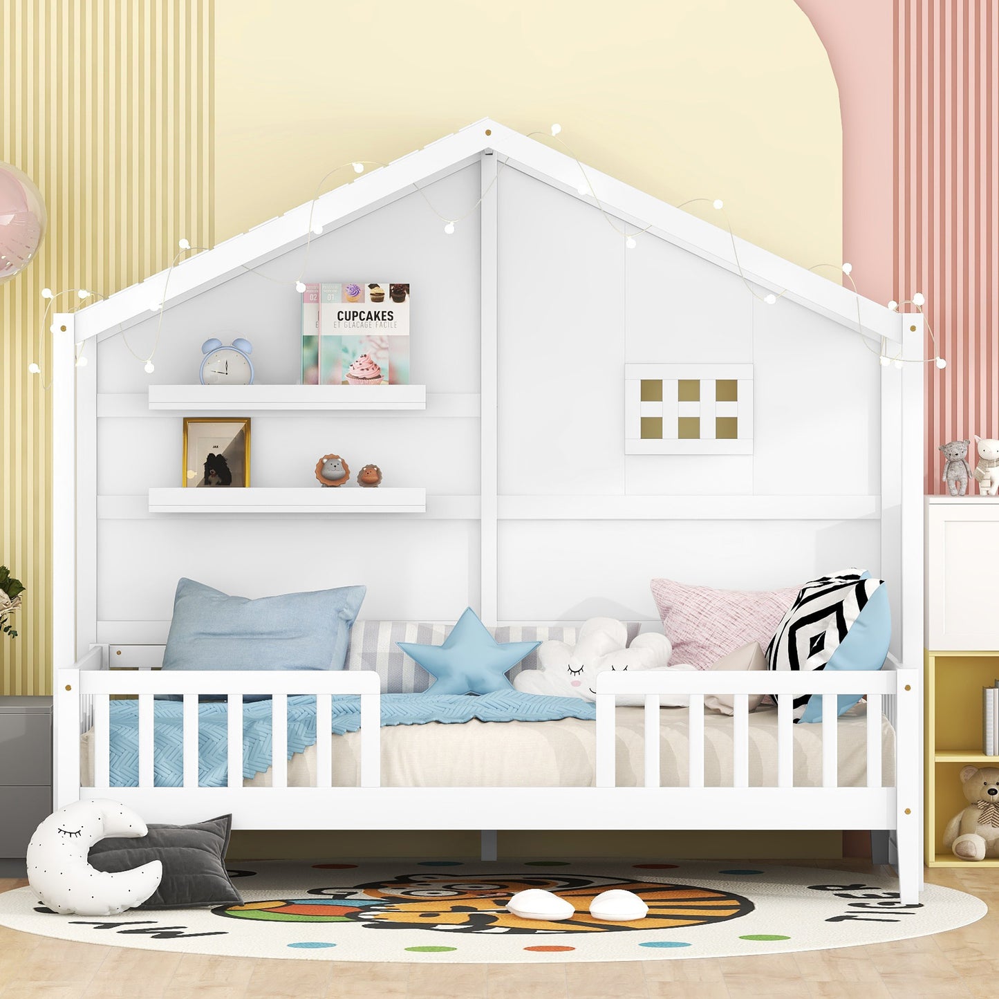 Twin Size House Bed with Shelves, House Bed with Window and  Sparkling Light Strip on the Roof, White