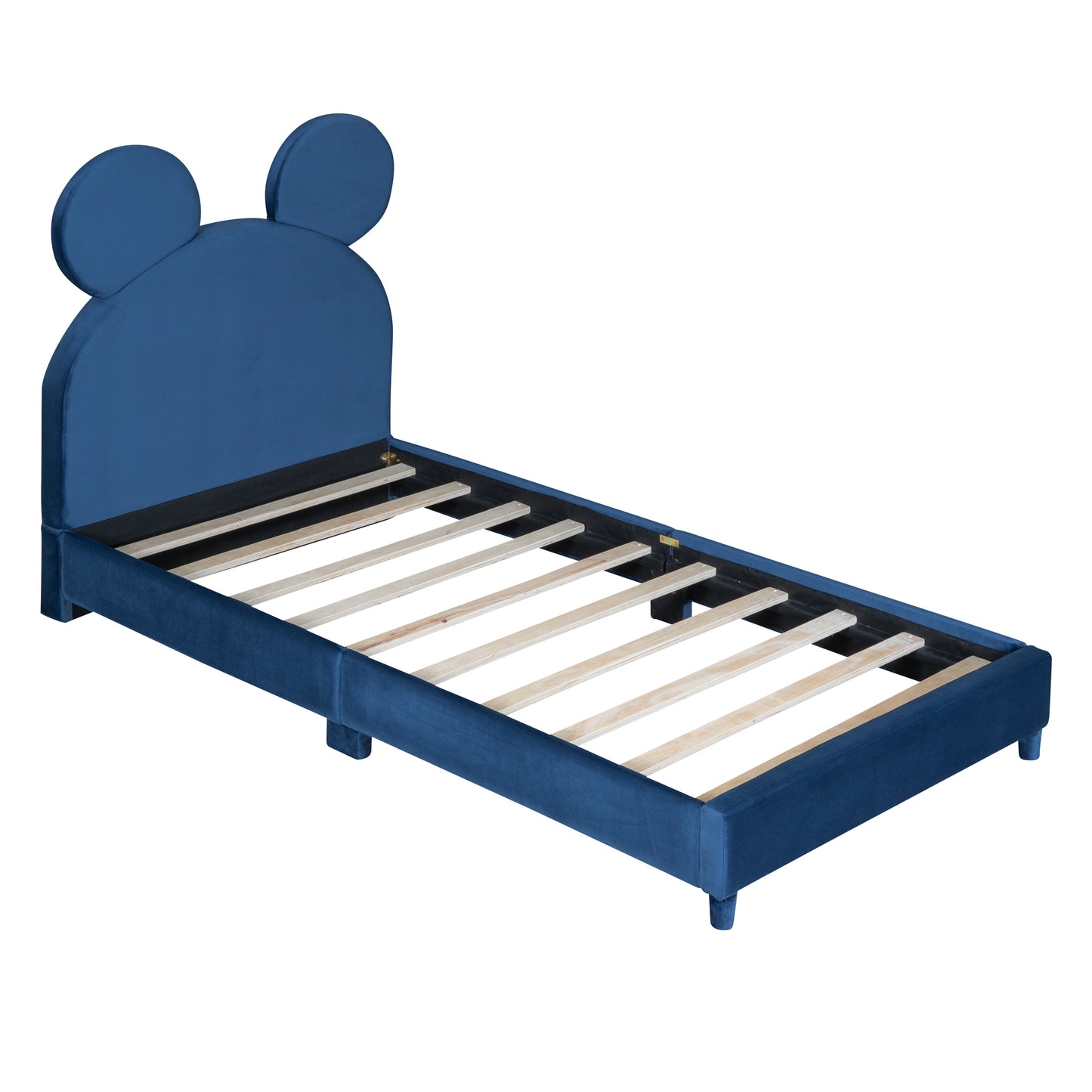 Twin Size Upholstered Platform Bed with Bear Ear Shaped Headboard, Blue