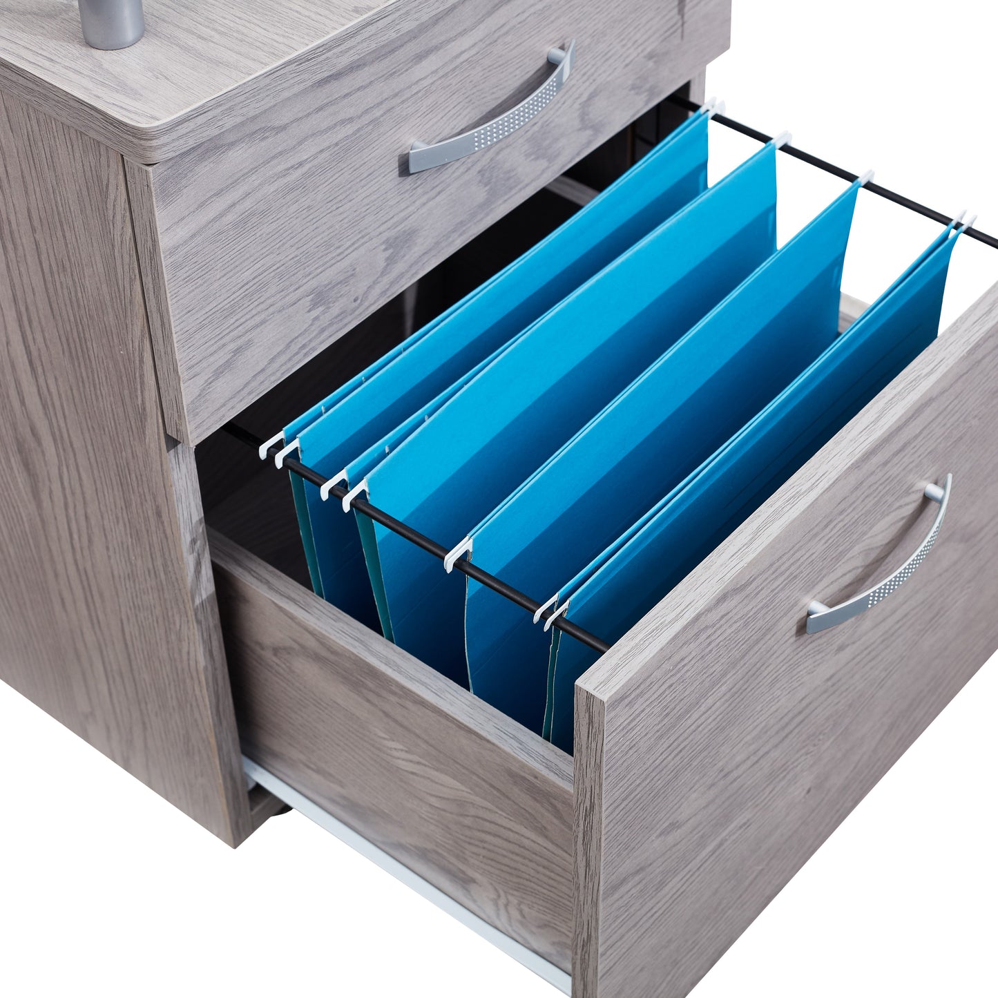 Grey Rolling File Cabinet with Glass Top