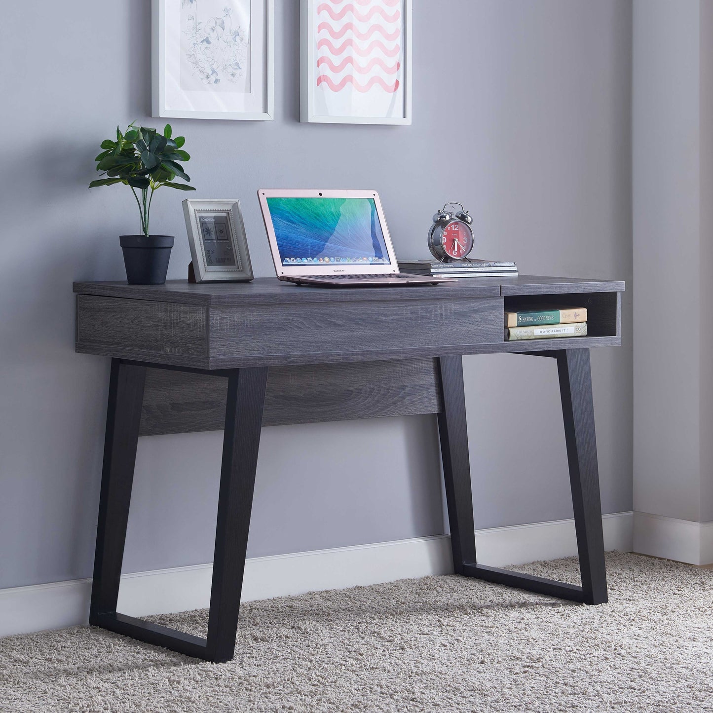 Distressed Grey and Black Home Office Desk with Mid-Century Modern Design