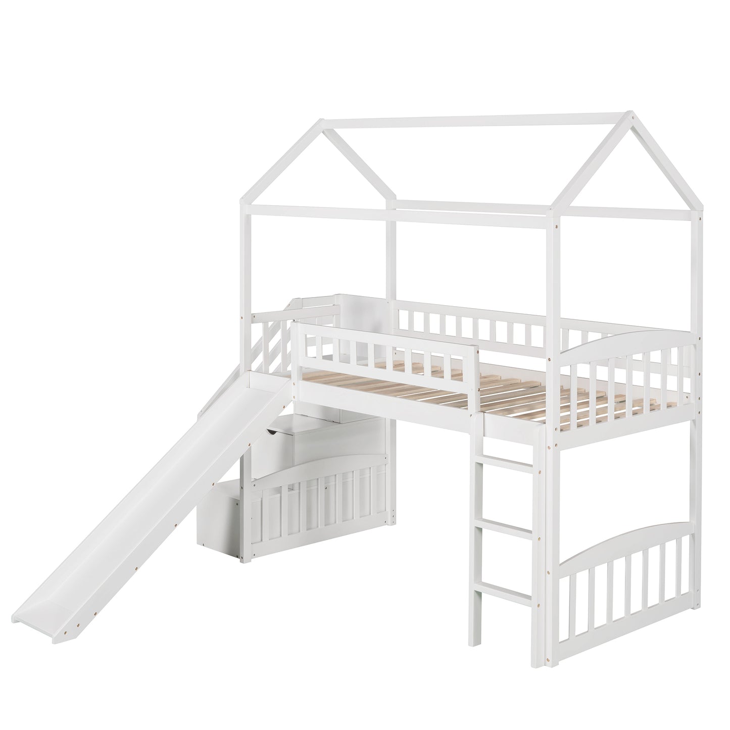 Twin Loft Bed with Two Drawers and Slide, House Bed with Slide, White