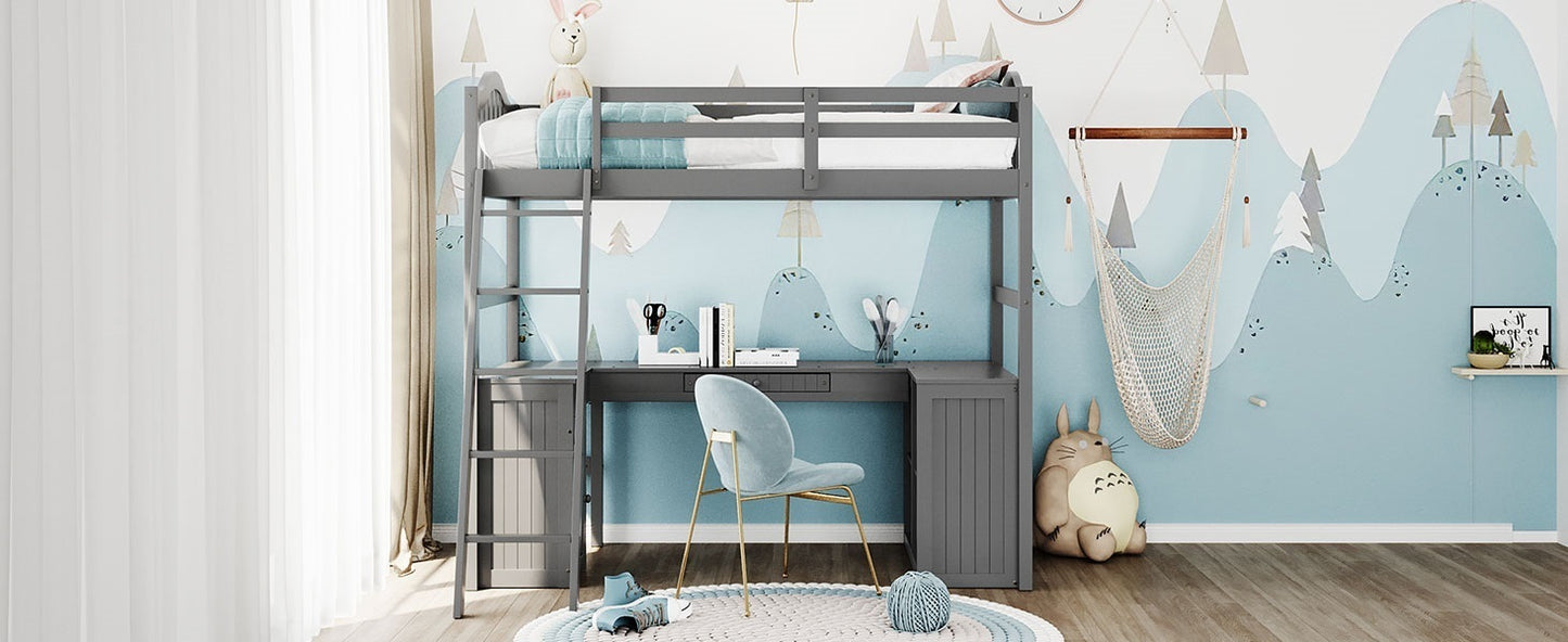 Twin size Loft Bed with Drawers, Cabinet, Shelves and Desk, Wooden Loft Bed with Desk - Gray( :LT000505AAE)