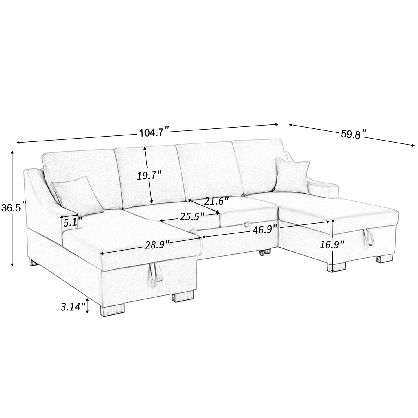 U_STYLE Upholstery Sleeper Sectional Sofa with Double Storage Spaces, 2 Tossing Cushions, Grey