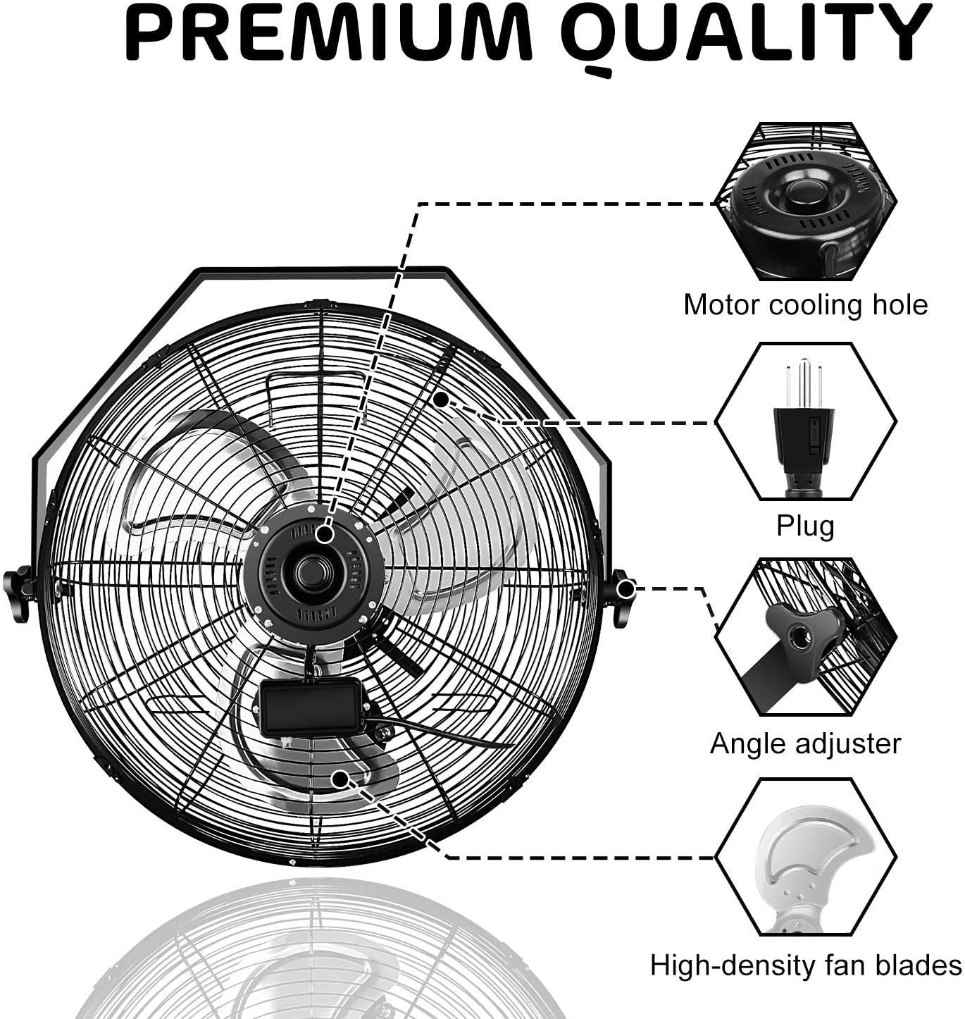 18 Inch Industrial Wall Mount Fan, 3 Speed Commercial Ventilation Metal Fan for Warehouse, Greenhouse, Workshop, Patio, Factory and Basement - High Velocity