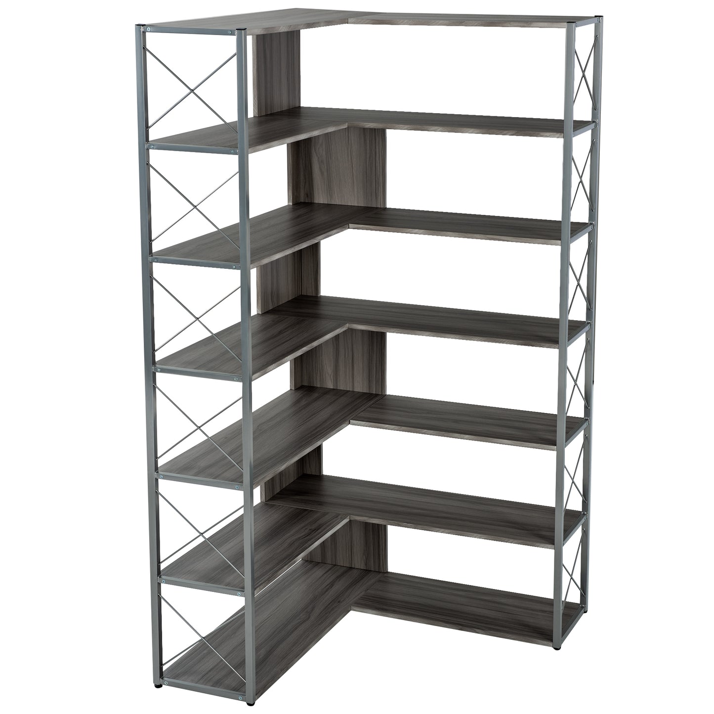 Silver+Grey 7-Tier Bookcase Home Office Bookshelf,  L-Shaped Corner Bookcase with Metal Frame, Industrial Style Shelf with Open Storage, MDF Board