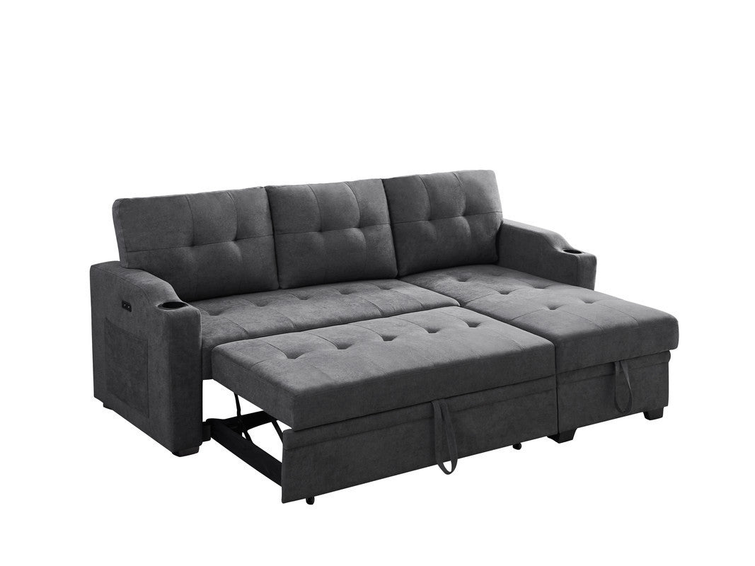 Mabel Dark Grey Fabric Sleeper Sectional with Cupholder, USB Charging Port, and Storage Pocket