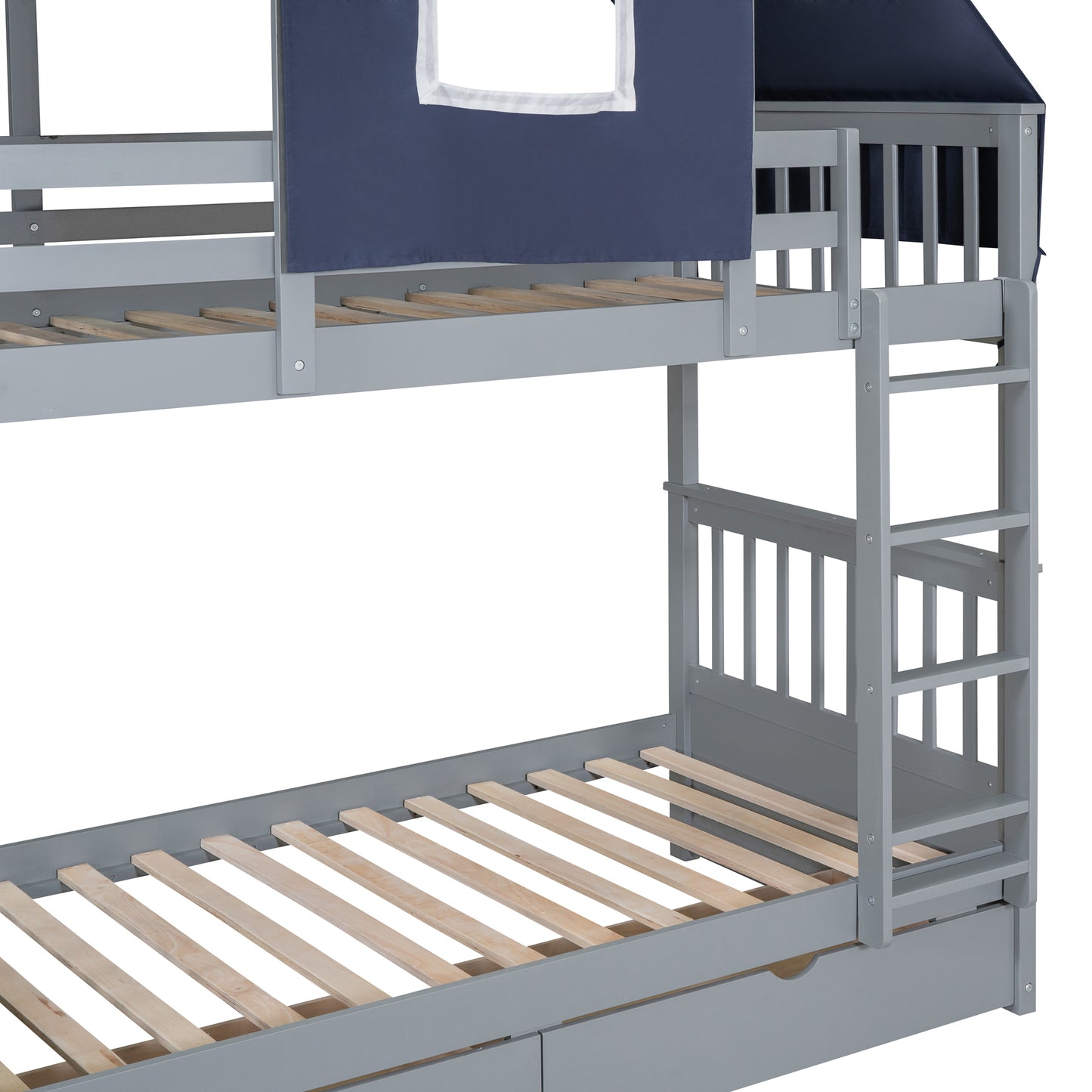 Twin Over Twin House Bunk Bed with Playful Tent and Storage Drawers, Gray+Blue Theme