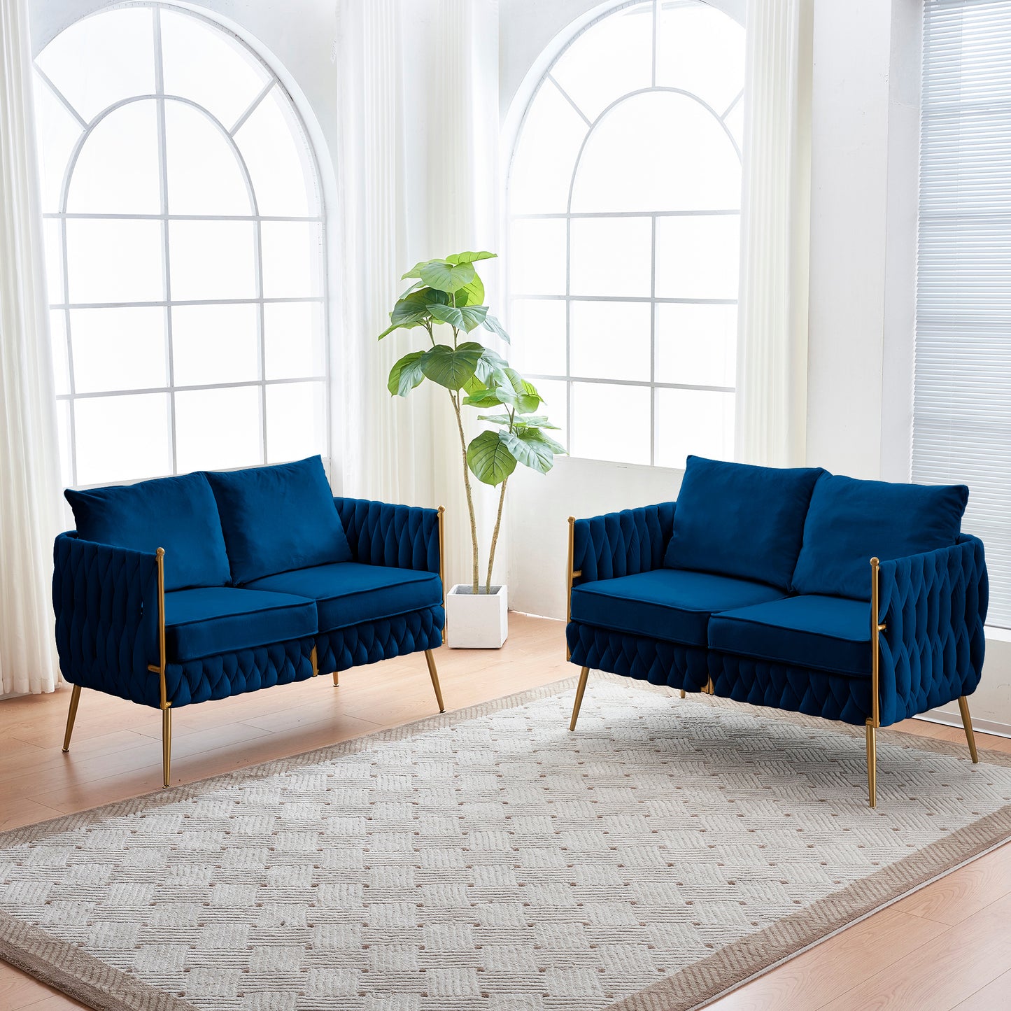 Luxurious Blue Velvet Loveseat Set with Handmade Woven Back