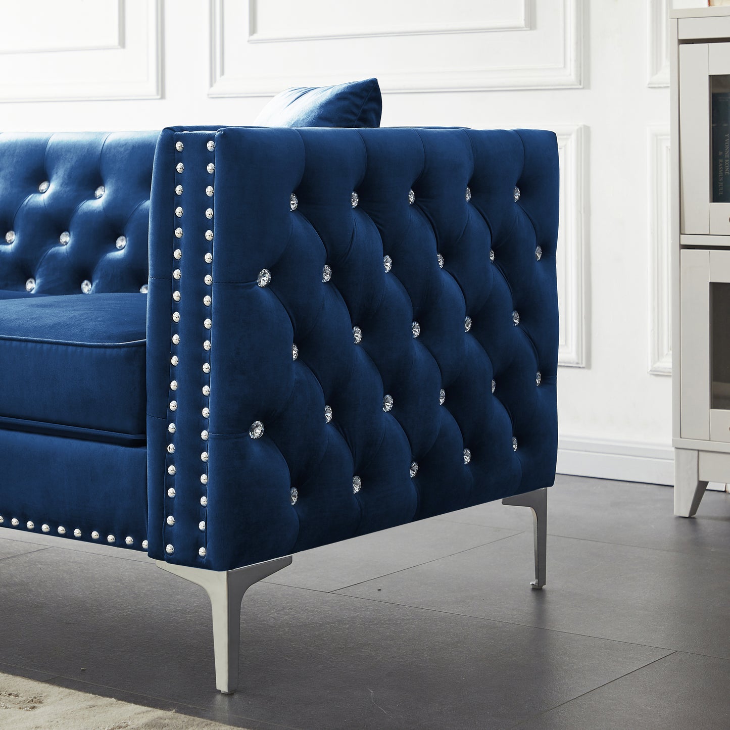 Blue Modern Velvet Sofa with Jeweled Buttons and Tufted Square Arms, 2 Pillows Included