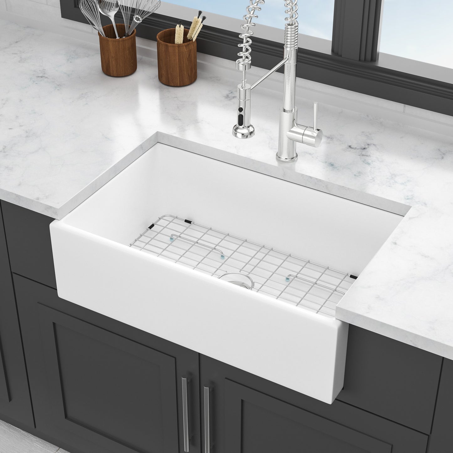 30-Inch White Farmhouse Sink with Stainless Steel Accessories