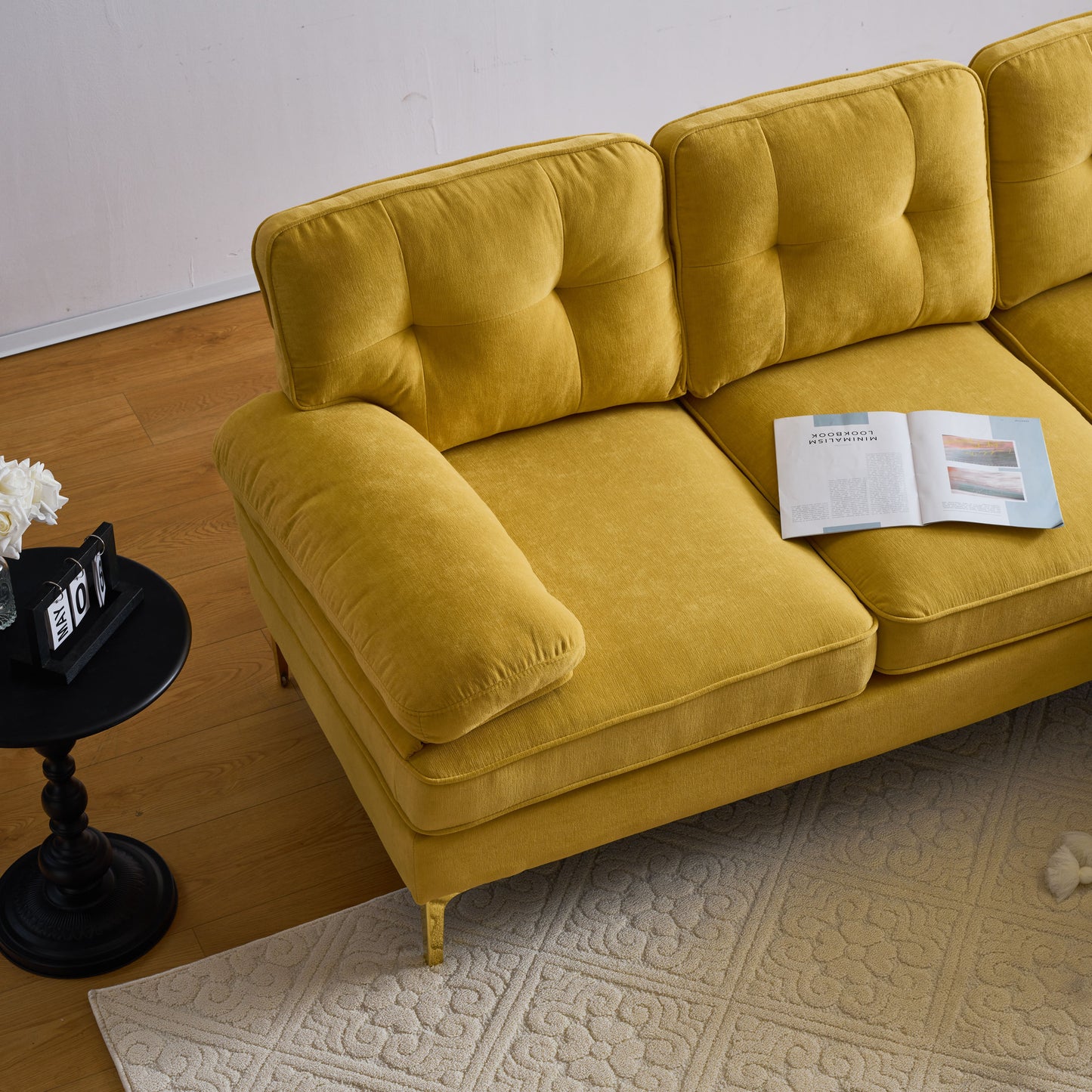 Modern Yellow Velvet L-Shaped Sectional Sofa for Living Room or Bedroom