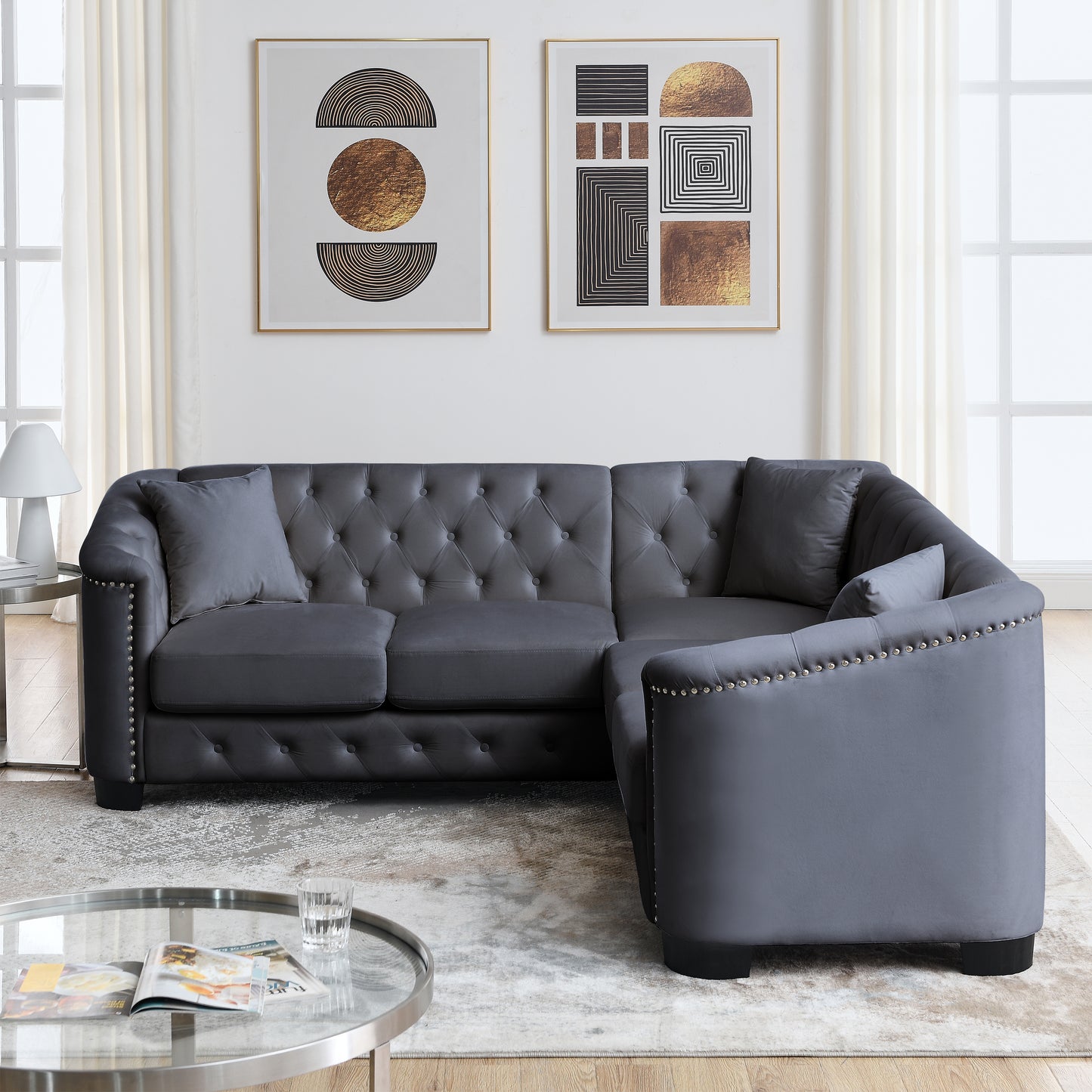 82-Inch Modern Grey Velvet L-Shaped Sectional Sofa with Nailhead Trim and 3 Cushions