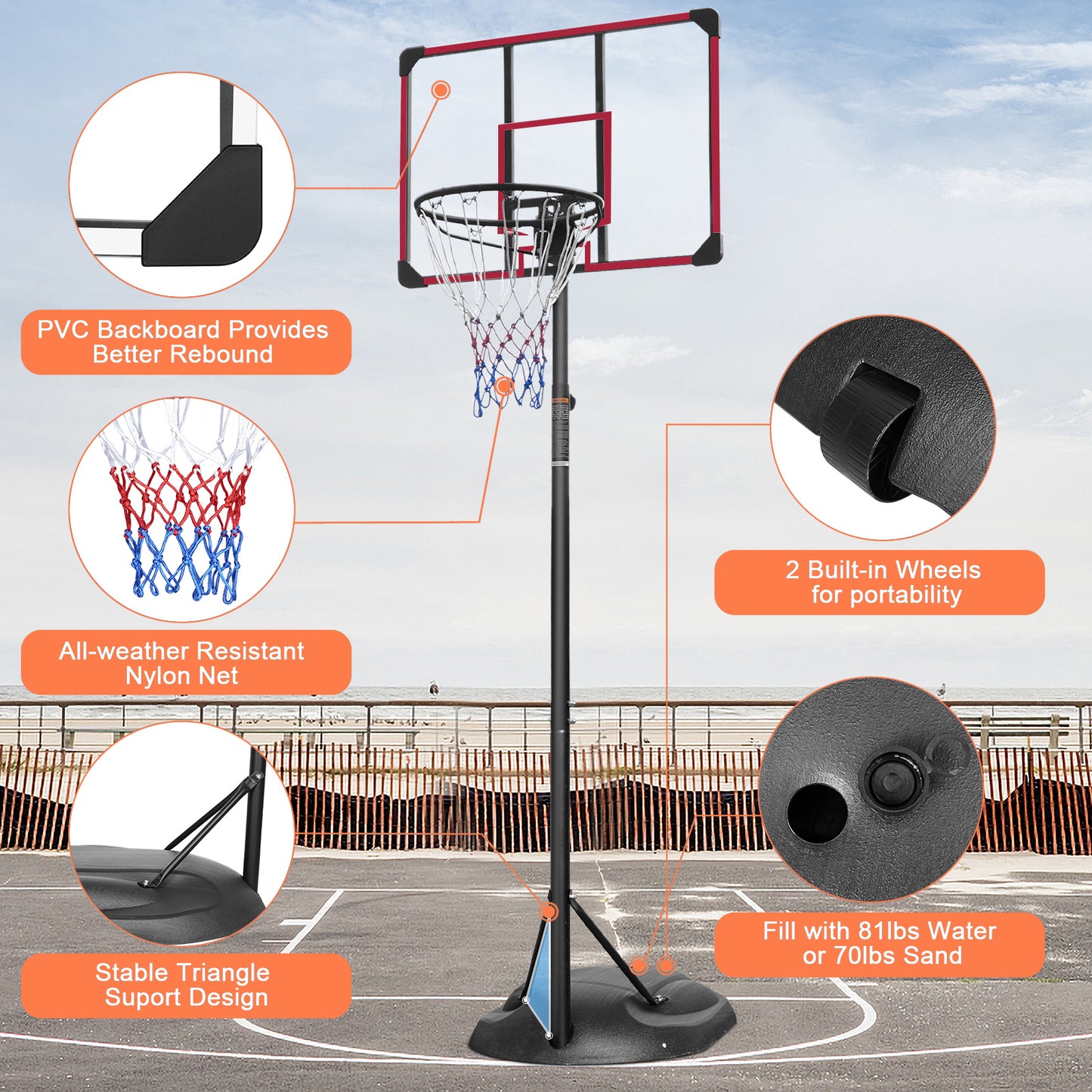 Portable Basketball Hoop System Stand Height Adjustable 7.5ft - 9.2ft with 32 Inch Backboard and Wheels for Youth Adults Indoor Outdoor Basketball Goal