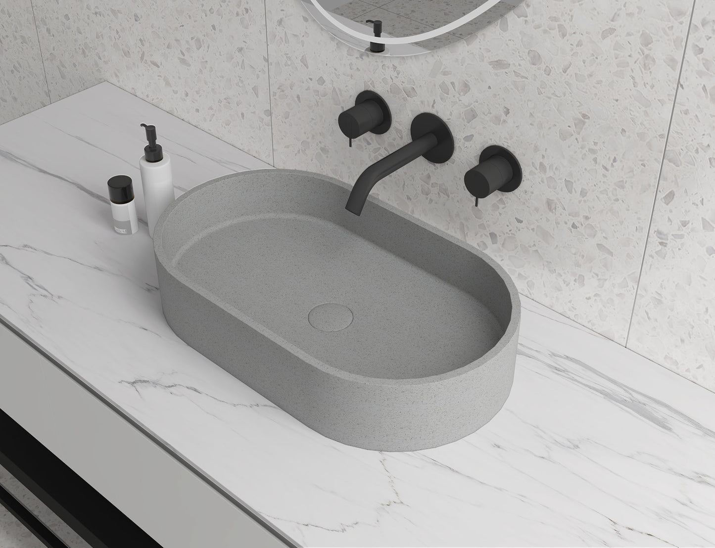 Double Oval Concrete Vessel Bathroom Sink Handmade Concreto Stone Basin Counter Freestanding  Bathroom Vessel  Sink in Grey without  Faucet and Drain