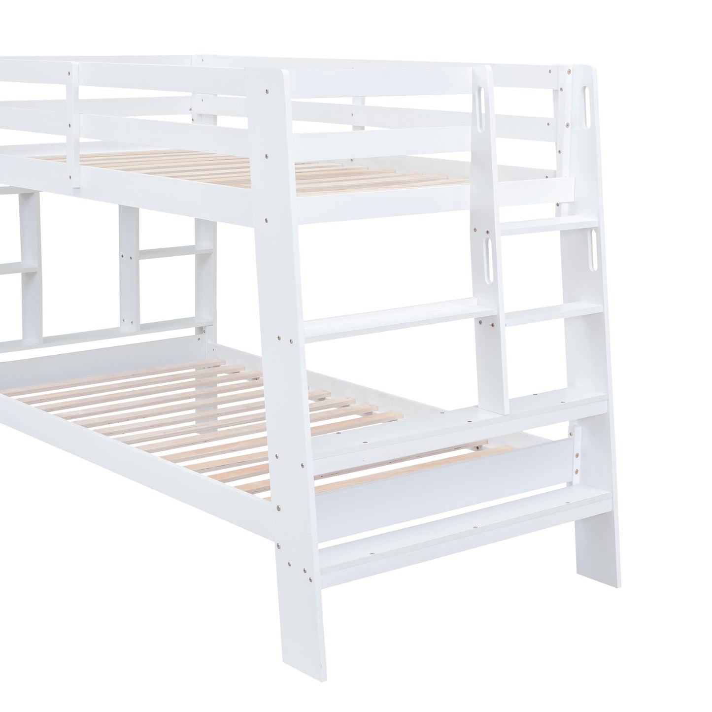 White Bunk Bed with Twin Shelves and Built-in Ladder