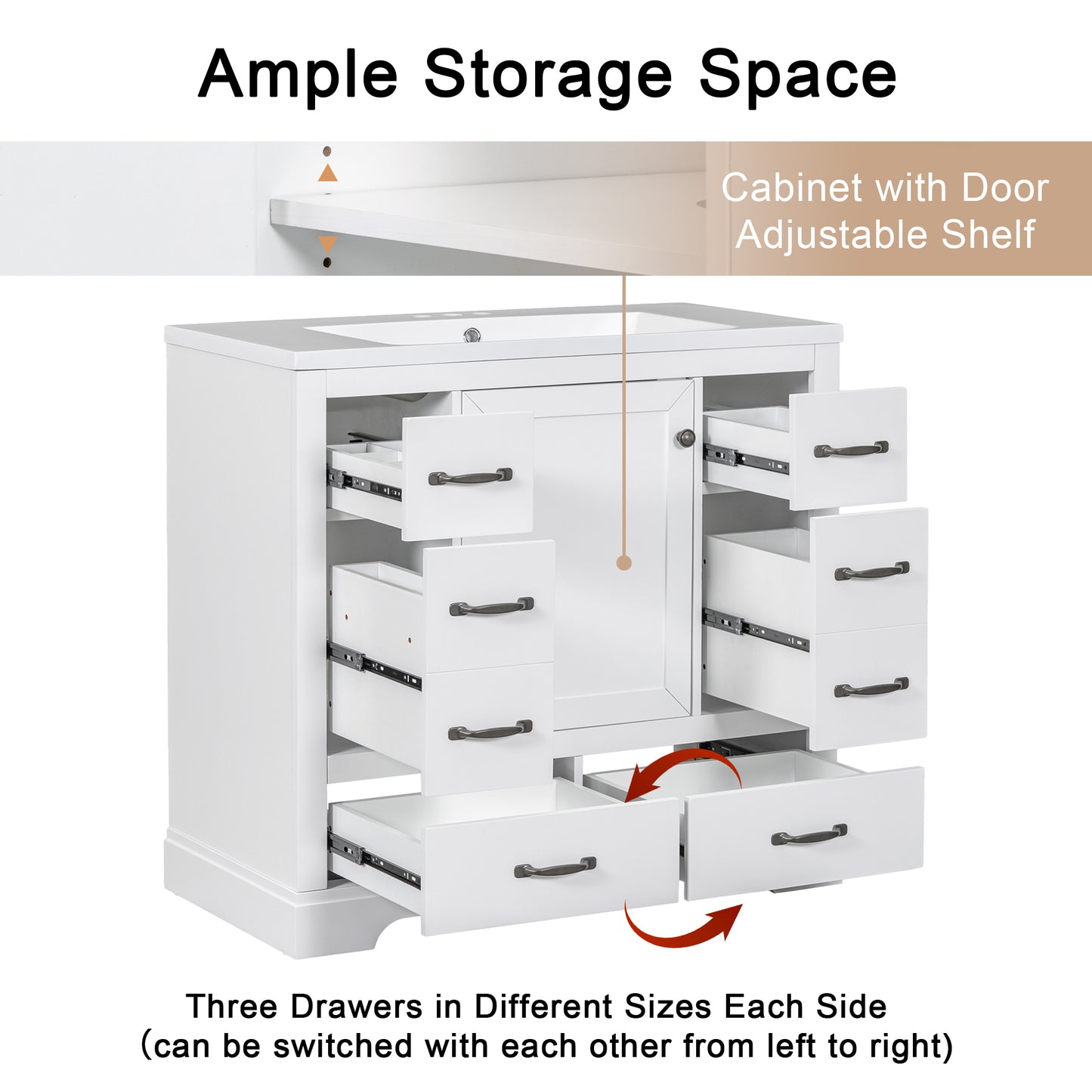 36" Bathroom Vanity with Sink Combo, Six Drawers, Multi-Functional Drawer Divider, Adjustable Shelf, White