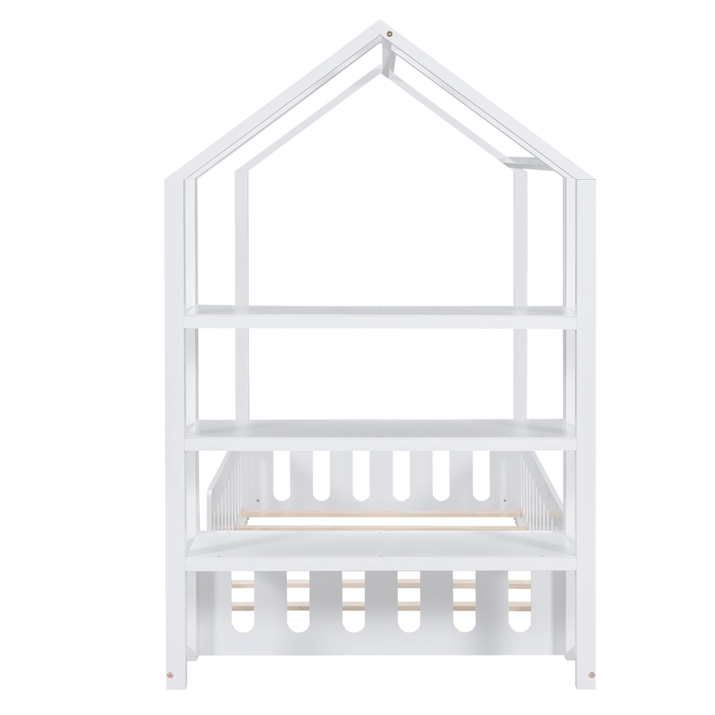 Twin Size Wood House Bed with Fence and Detachable Storage Shelves, White(Expected Arrival Time: 1.7)