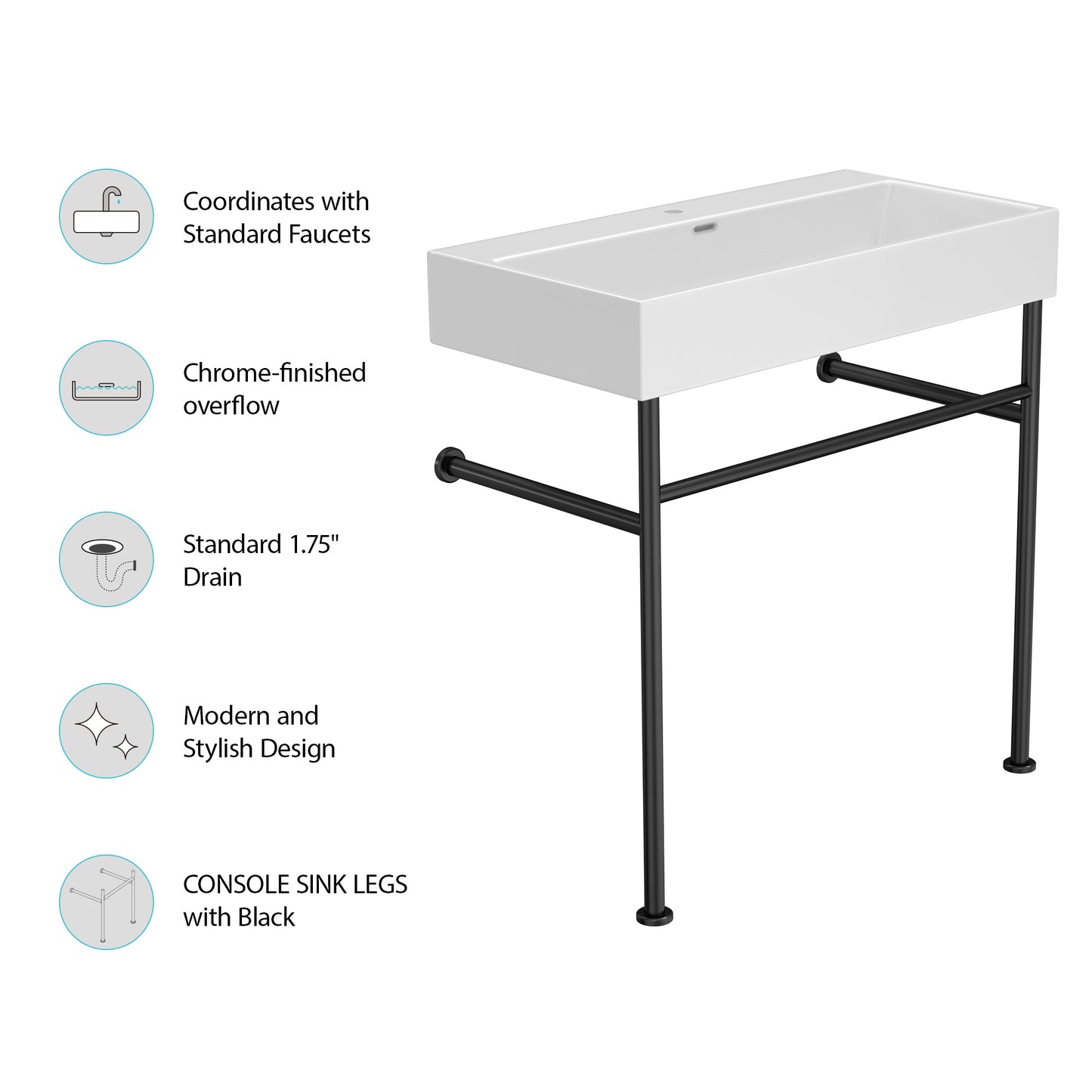 35" Bathroom Console Sink with Overflow,Ceramic Console Sink White Basin Black Legs