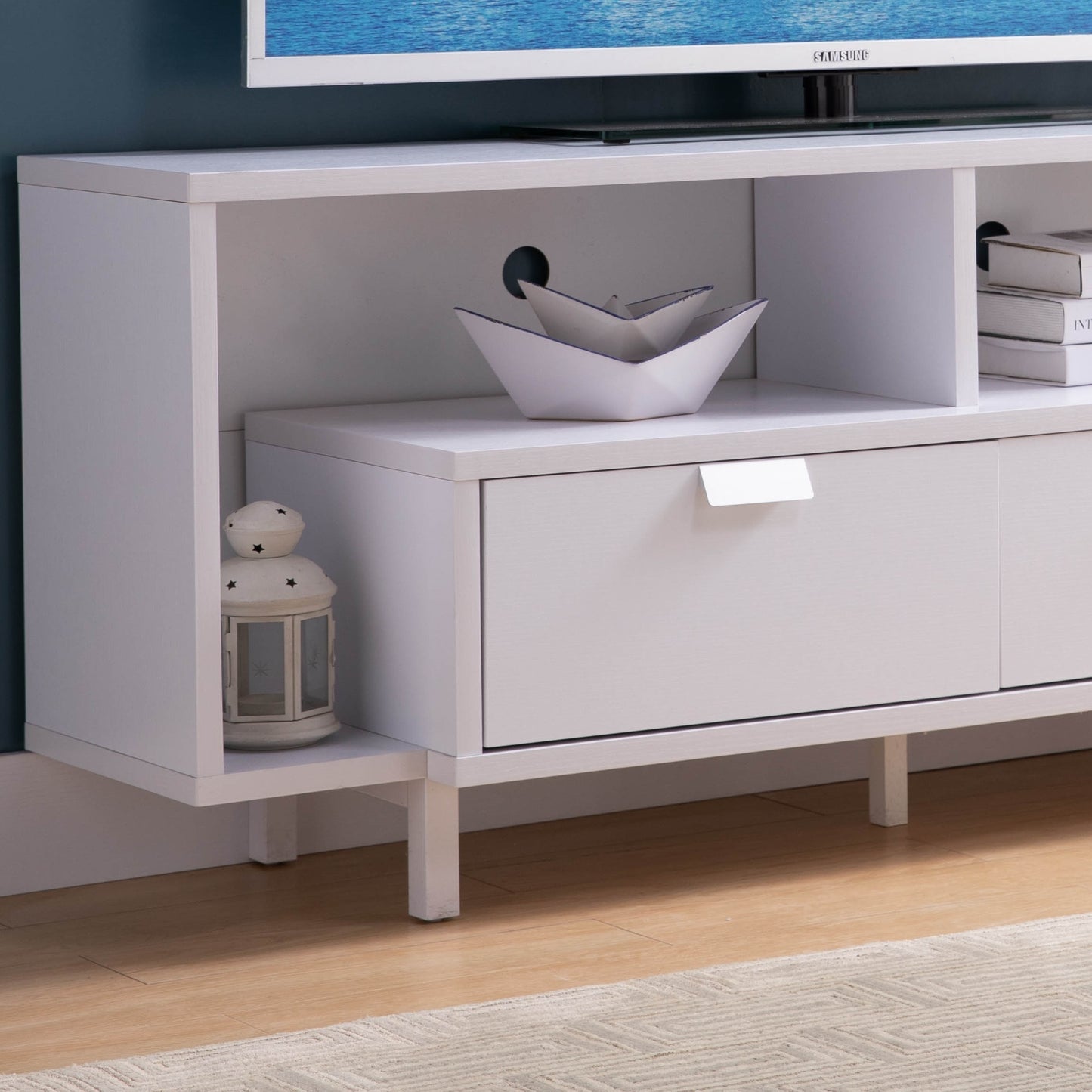 Stylish White TV Stand with Spacious Storage Options