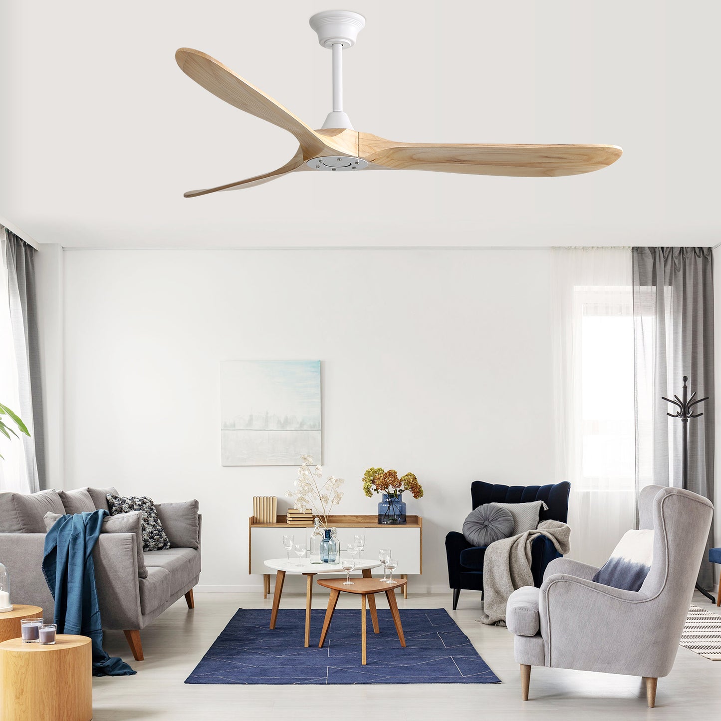 60-Inch Modern Indoor Ceiling Fan with 3 Color Dimmable 6 Speed Remote Control and Solid Wood Blades for Living Room