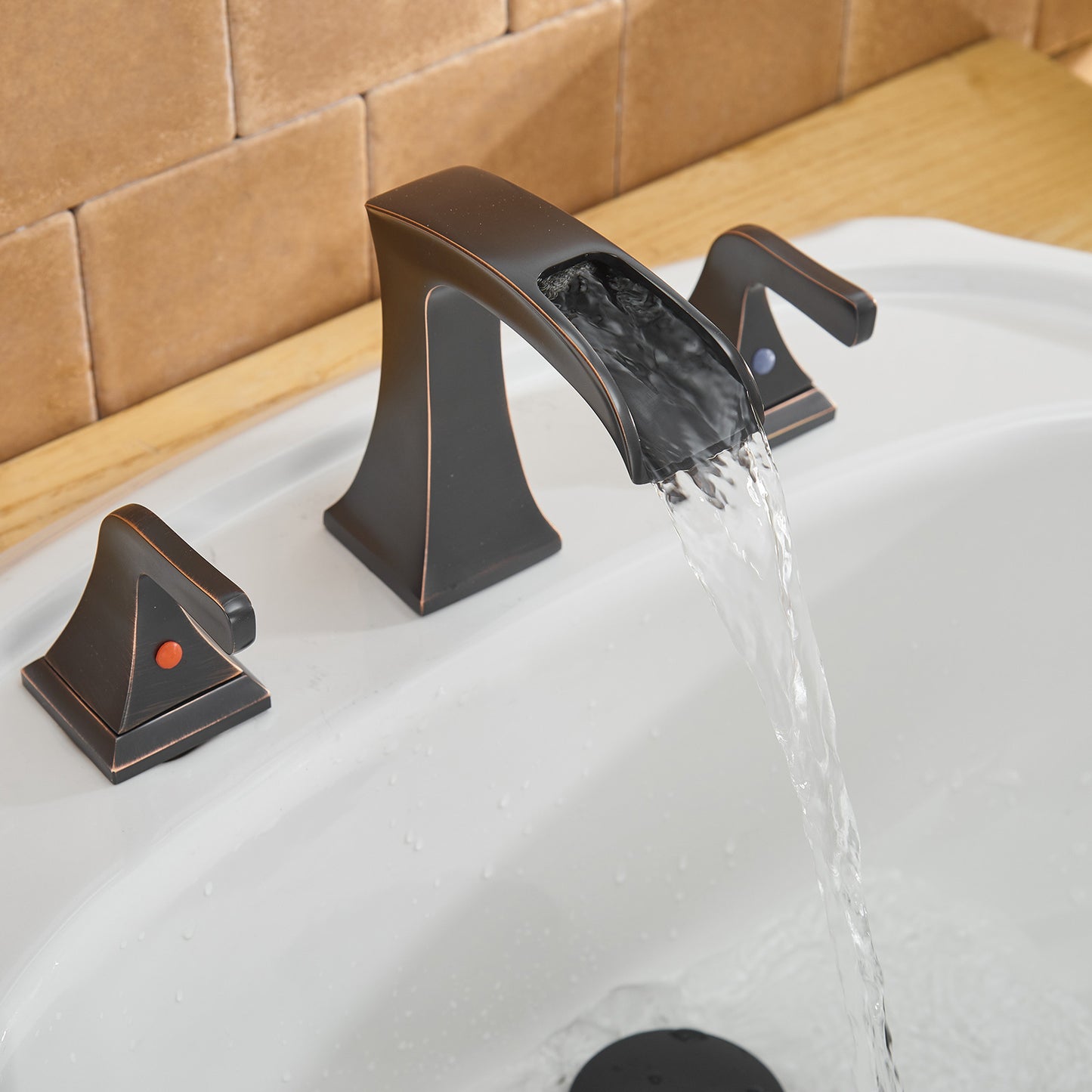 Oil Rubbed Bronze 8-inch Widespread 2-Handle Waterfall Bathroom Sink Faucet