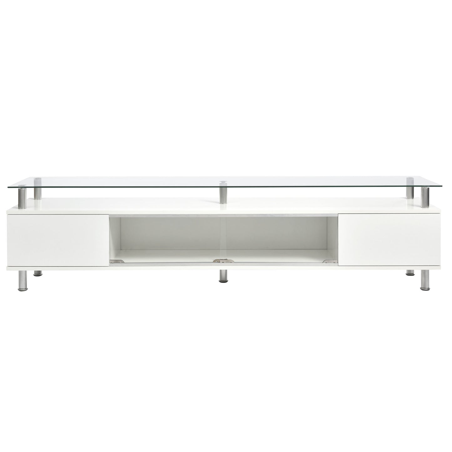 Contemporary White Media Console with Sleek Glass Design and Spacious Storage