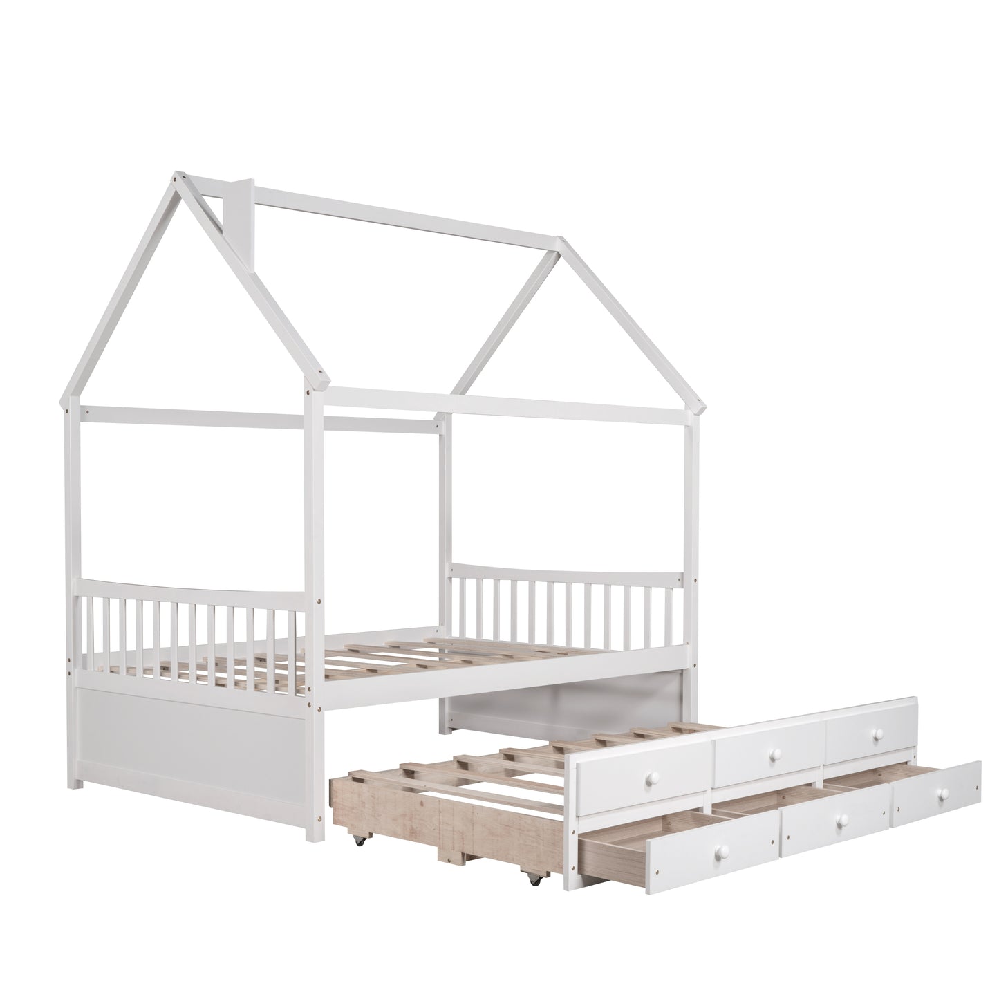 Full size Wooden House Bed with Trundle and 3 Storage Drawers-White