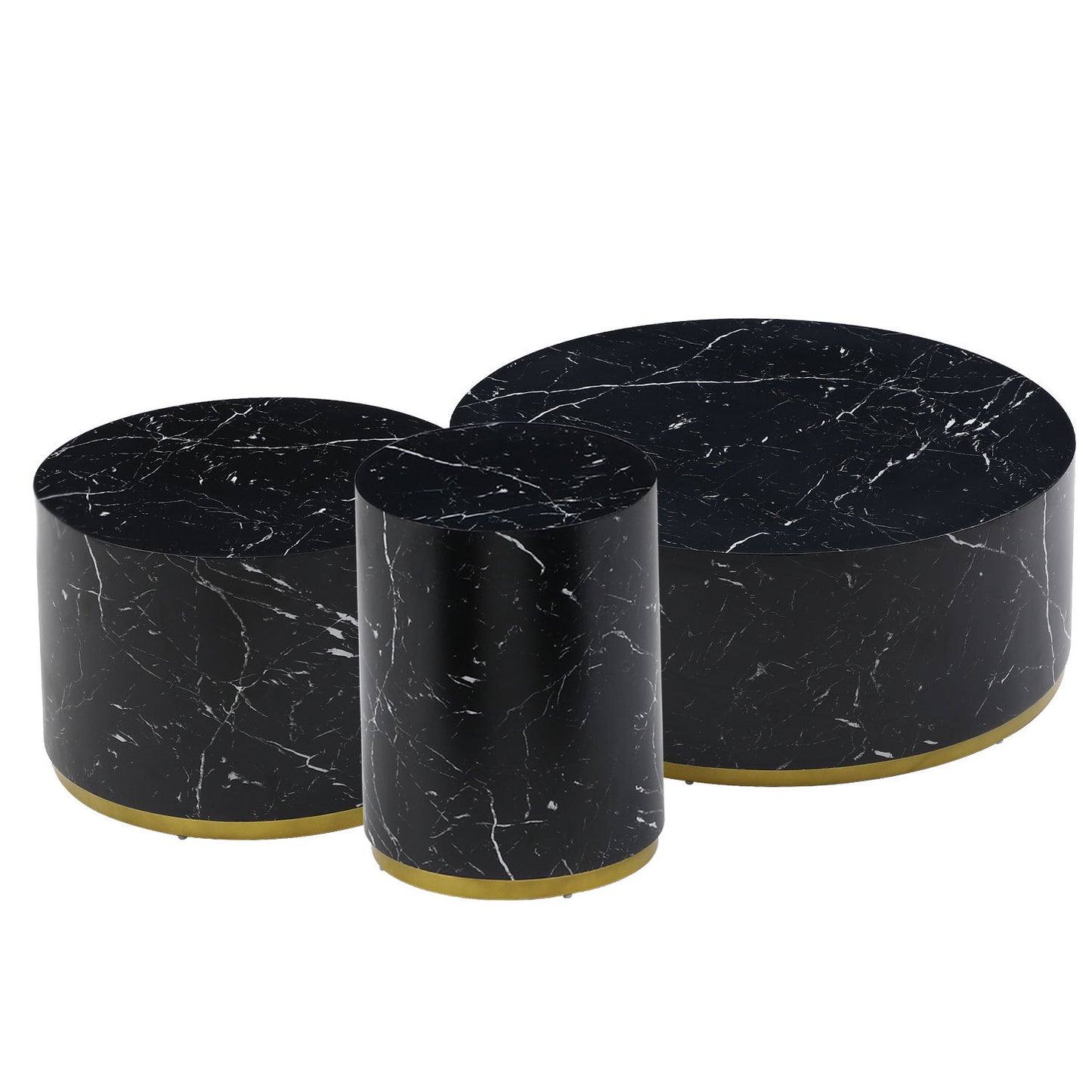 Contemporary Black Marble Pattern 3-Piece Round Coffee Table Set for Stylish Living Rooms