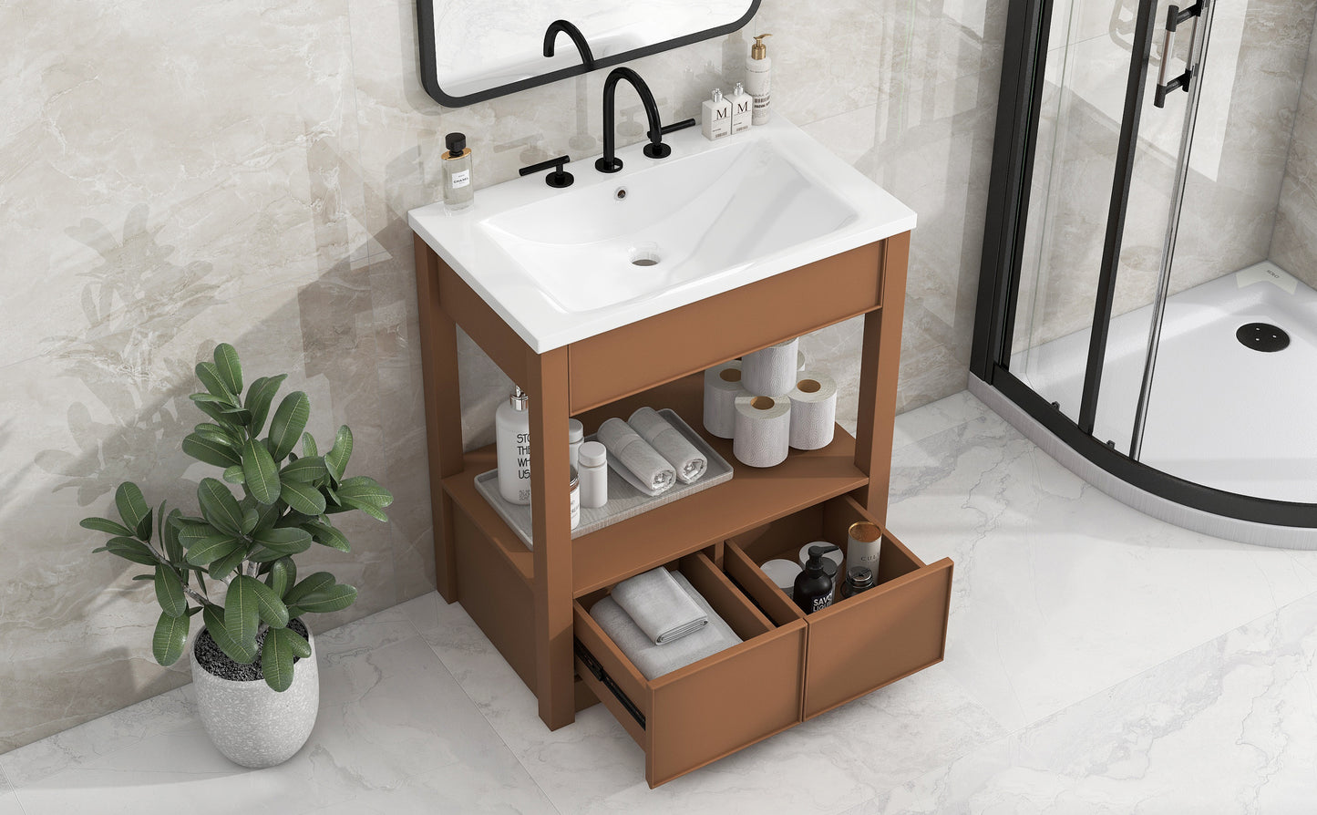 30" Bathroom Vanity with Sink Top, Bathroom Cabinet with Open Storage Shelf and Two Drawers, Brown