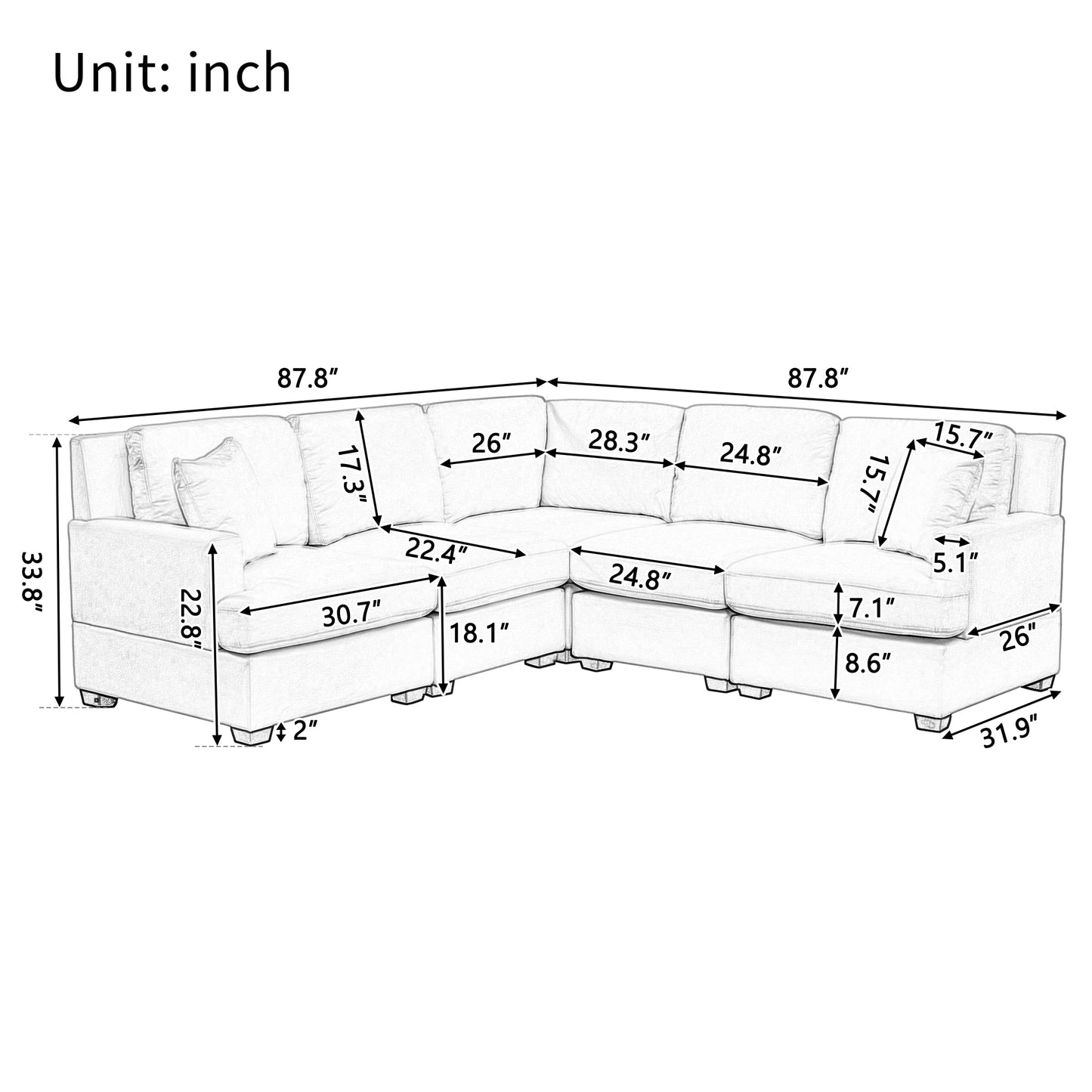 U_Style Sectional Modular Sofa with 2 Tossing cushions and Solid Frame for Living Room