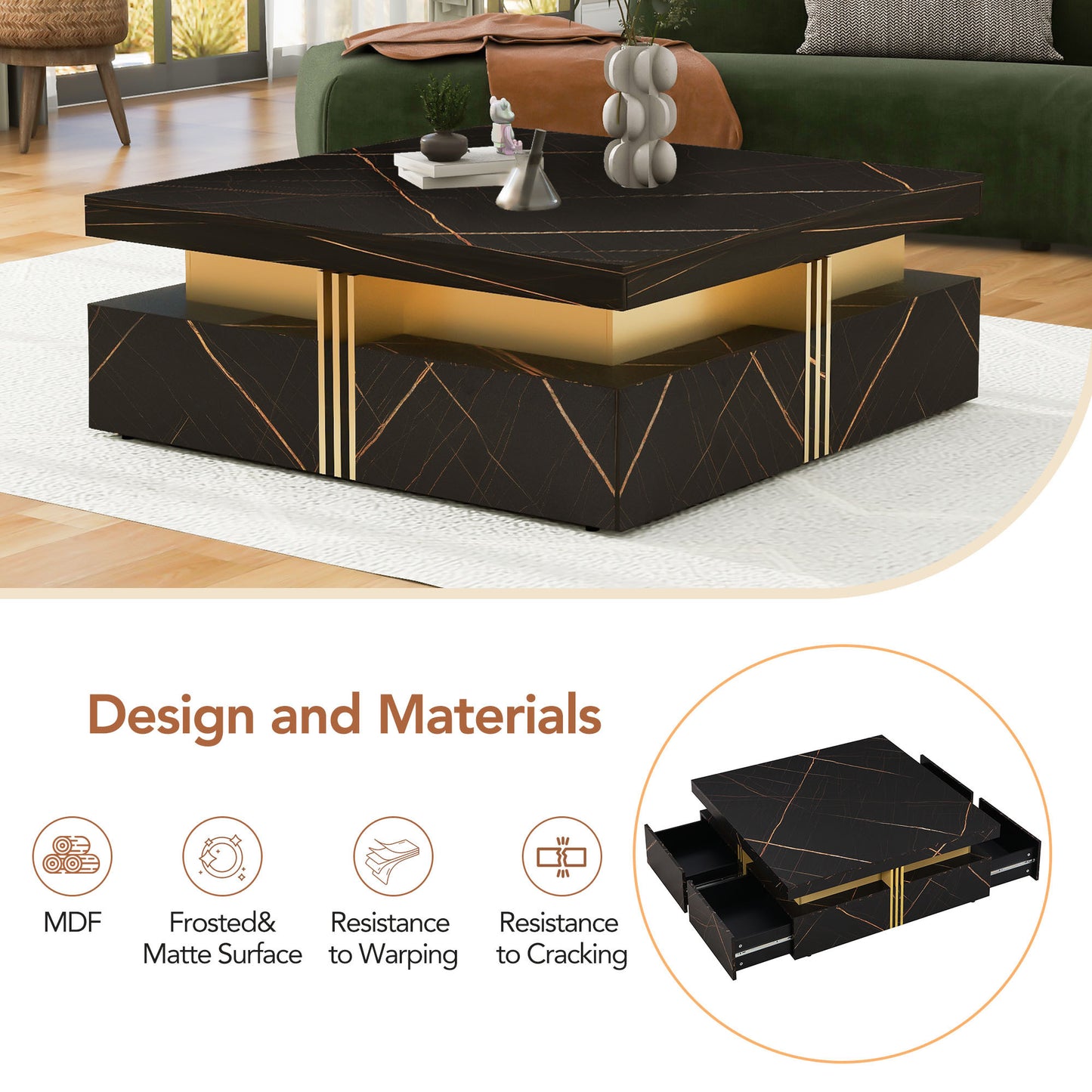 Contemporary Square Black Coffee Table with Gold Accents and Storage Drawers