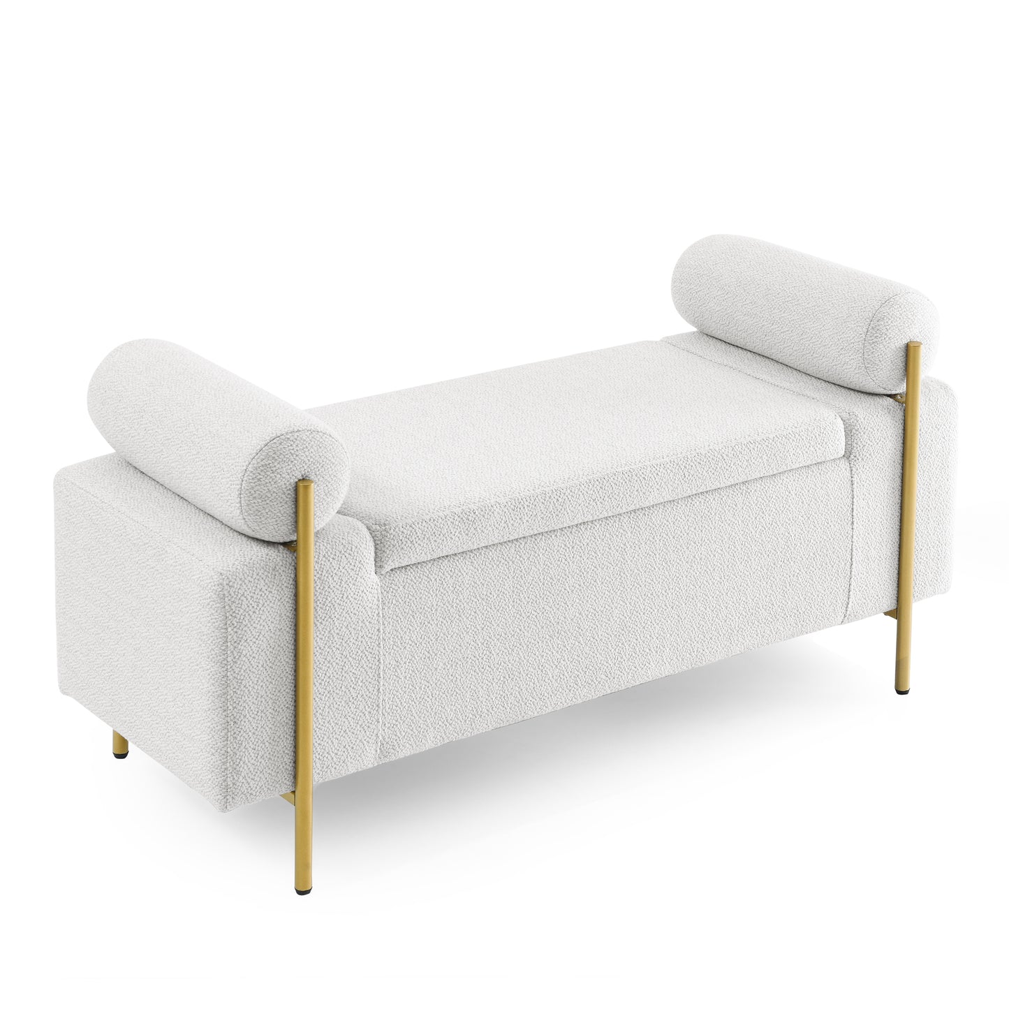 Elegant Upholstered Linen Storage Bench with Cylindrical Arms and Iron Legs for Hallway Living Room Bedroom, White