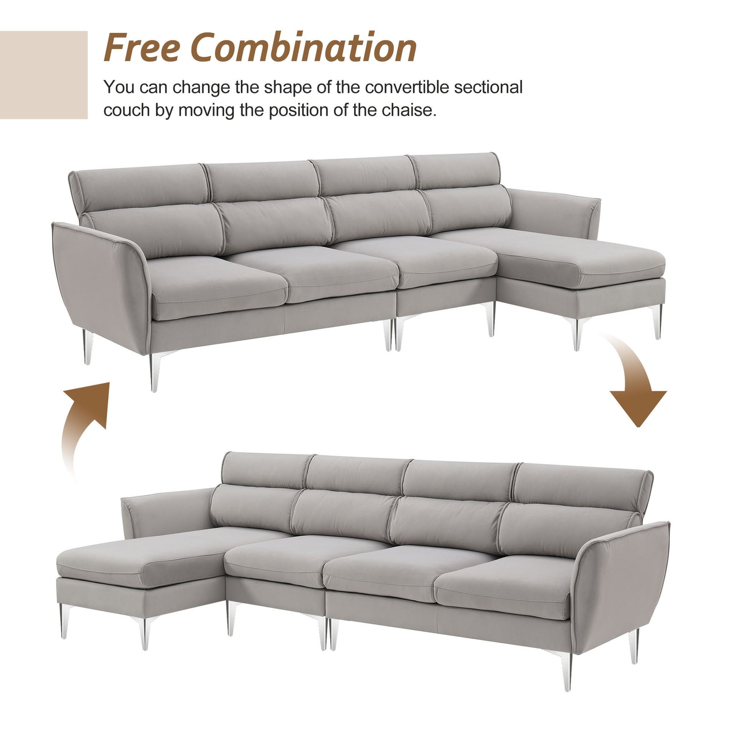 Convertible L-Shape Sectional Sofa with Chaise and Flannel Upholstery