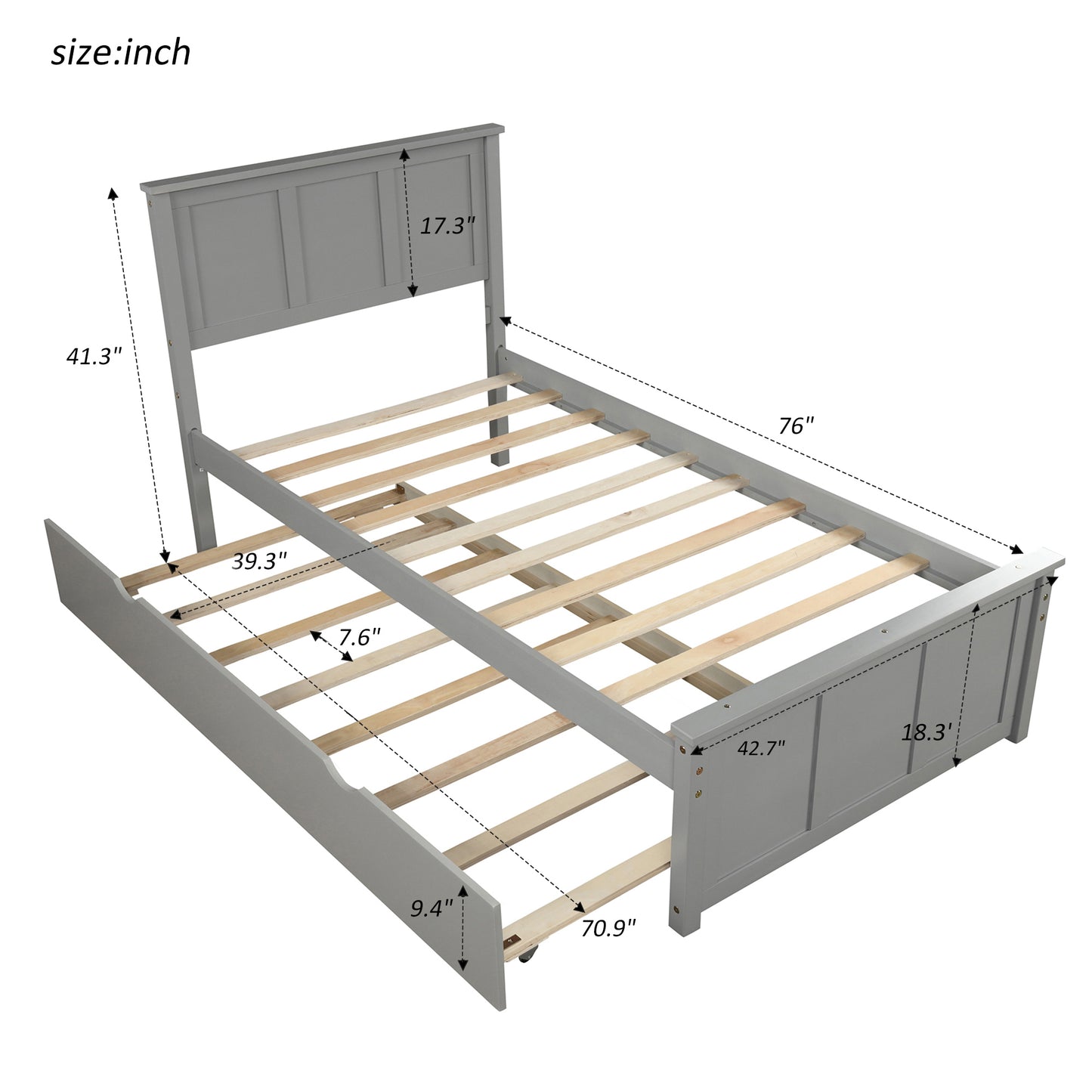 Platform Bed with Twin Size Trundle, Twin Size Frame, Gray